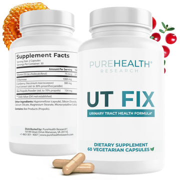 PUREHEALTH RESEARCH UT Fix - Urinary Tract Health Formula - Urinary Tract Support for Women & Men - Cranberry Supplement with D Mannose 1000mg, Vitamin D3 & Bee Propolis - 60 Capsules PUREHEALTH RESEARCH uk supplements