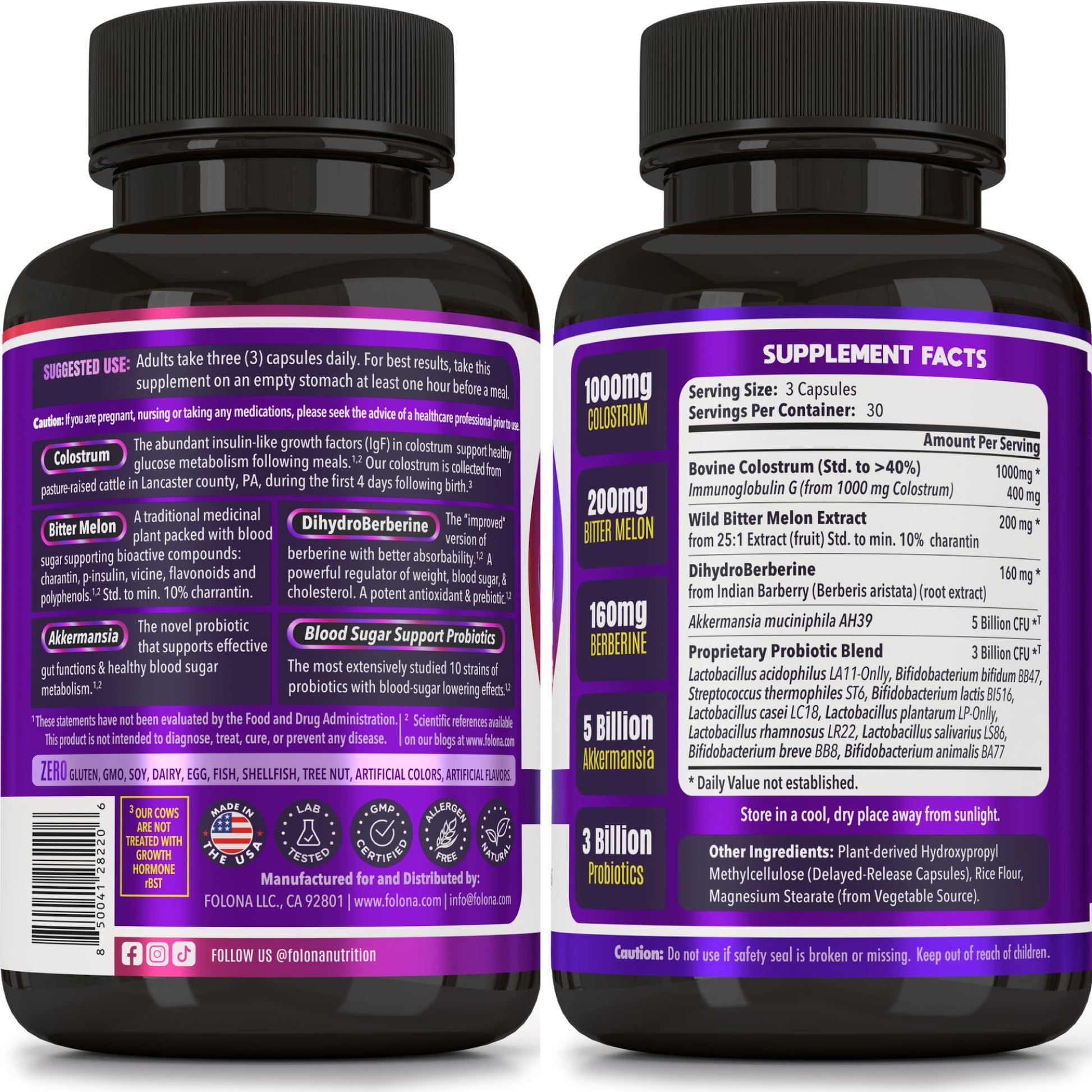 Blood Sugar Support Colostrum Supplement w/ Bitter Melon, Probiotics Blend w/ Akkermansia & Prebiotic Berberine | For Healthy Blood Glucose, Metabolism, Gut & Immunity | 90 Delayed Release Vegan Caps FOLONA uk supplements