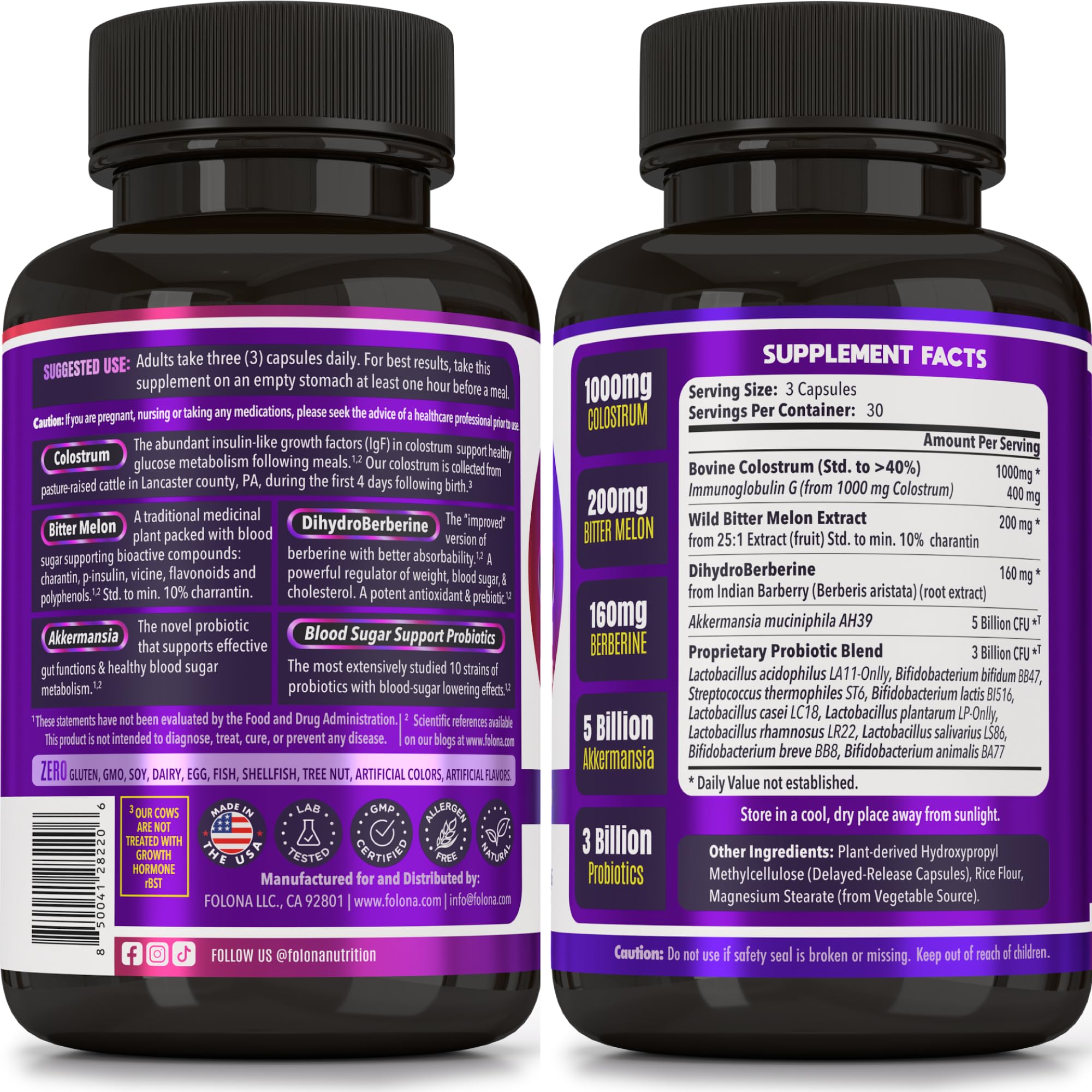 Blood Sugar Support Colostrum Supplement w/ Bitter Melon, Probiotics Blend w/ Akkermansia & Prebiotic Berberine | For Healthy Blood Glucose, Metabolism, Gut & Immunity | 90 Delayed Release Vegan Caps FOLONA uk supplements