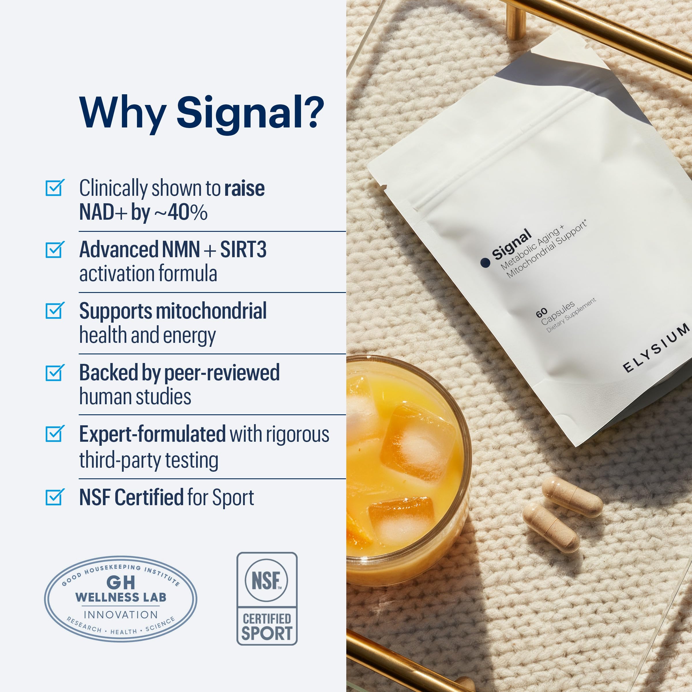 ELYSIUM Signal NMN Supplement - Clinically Proven to Support NAD+ Production, Mitochondrial Function & Metabolic Health - Nicotinamide Mononucleotide and SIRT3 Activation Complex- 30 Day Supply ELYSIUM uk supplements
