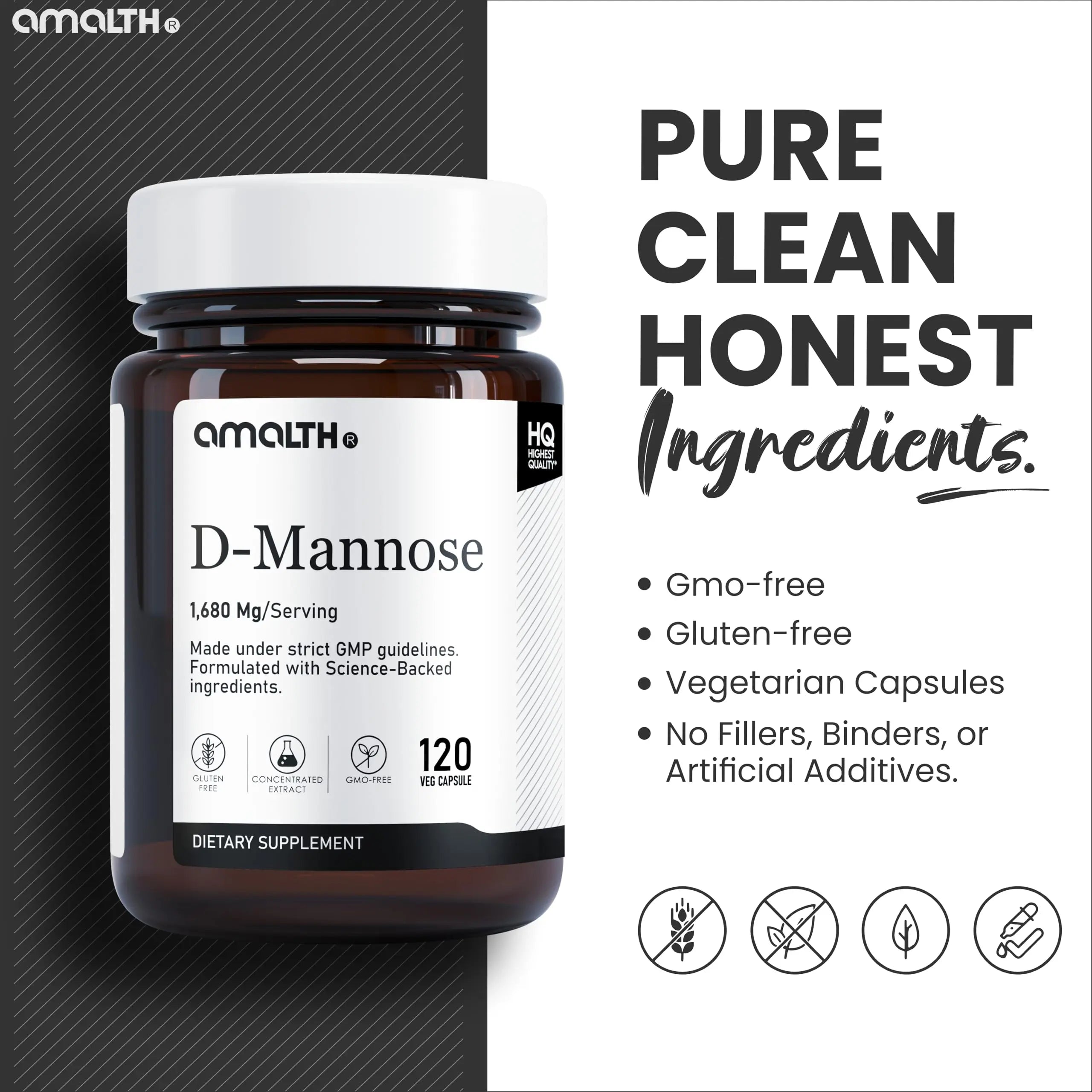 AMALTH D-Mannose Capsules 1680 mg per Serving, 120 Vegan Capsules, Pure Single Ingredient Mannose Supplement, Urinary Tract Support, UTI Wellness Support, Non GMO, Gluten Free AMALTH uk supplements