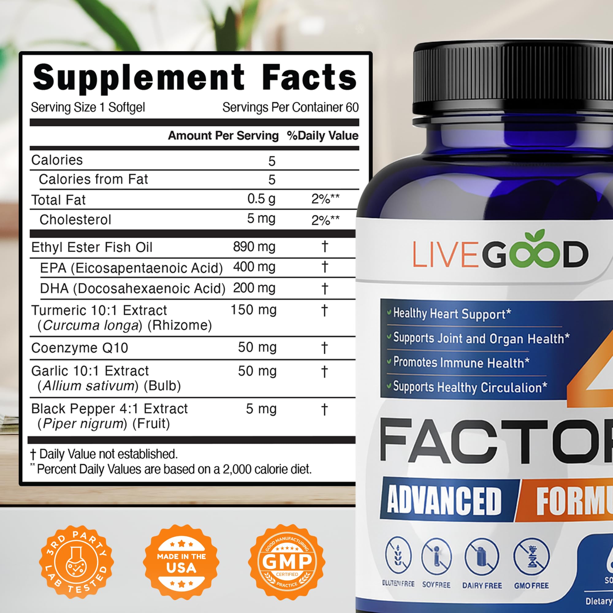 LIVEGOOD™ Factor 4, Omega 3 Fish Oil with EPA & DHA, CoQ10, and Turmeric, Advanced Q10 Coenzyme & CoQ10 Supplements, DHA Supplements for Heart, Joint & Immune Support, Made in USA, 60 Count, LIVEGOOD uk supplements