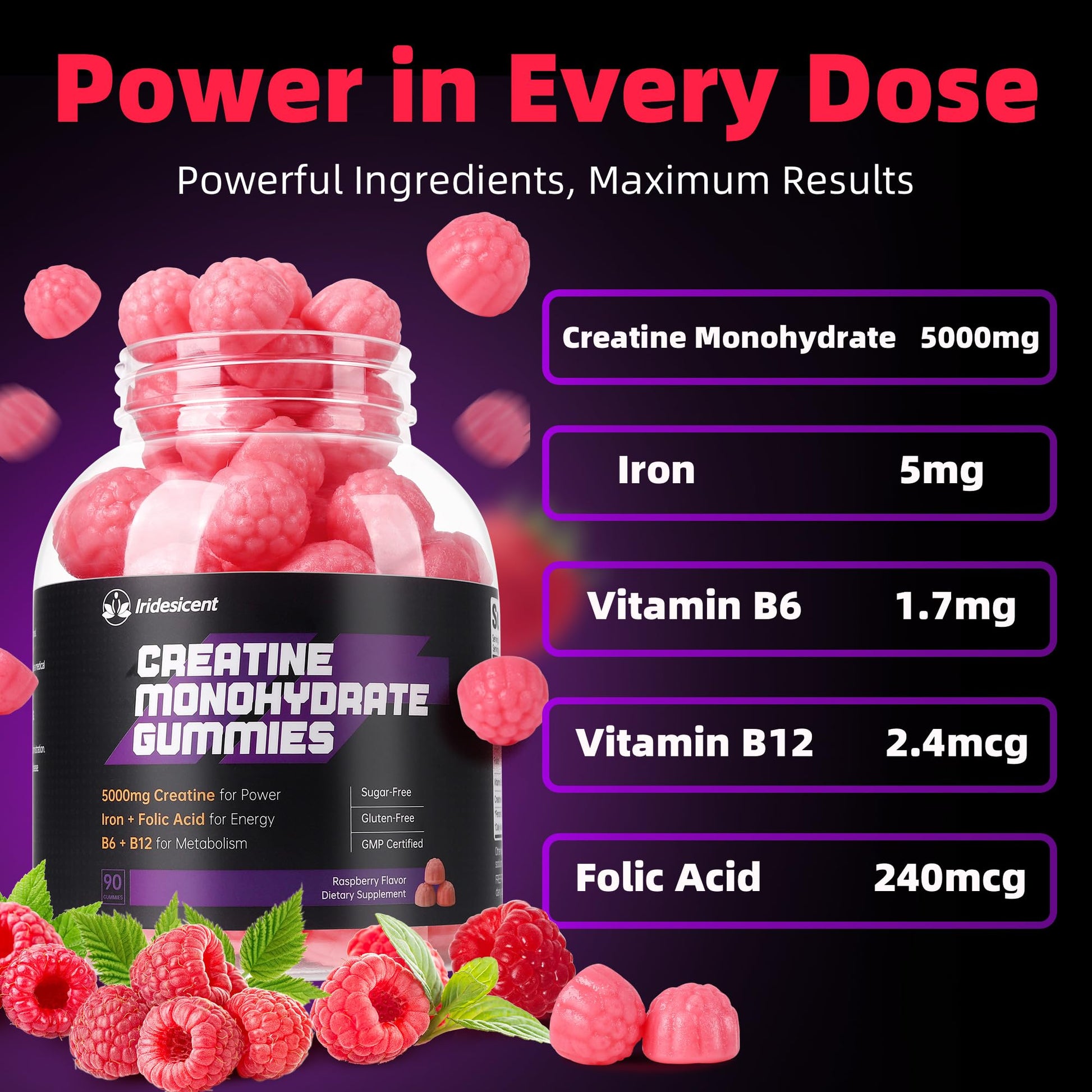 IRIDESICENT Creatine Monohydrate Gummies 5000mg w/Iron, Vitamin B6 & B12, Sugar Free 5g Creatine Supplements for Women and Men Boost Energy & Muscle Recovery - 90 Raspberry Gummies IRIDESICENT uk supplements