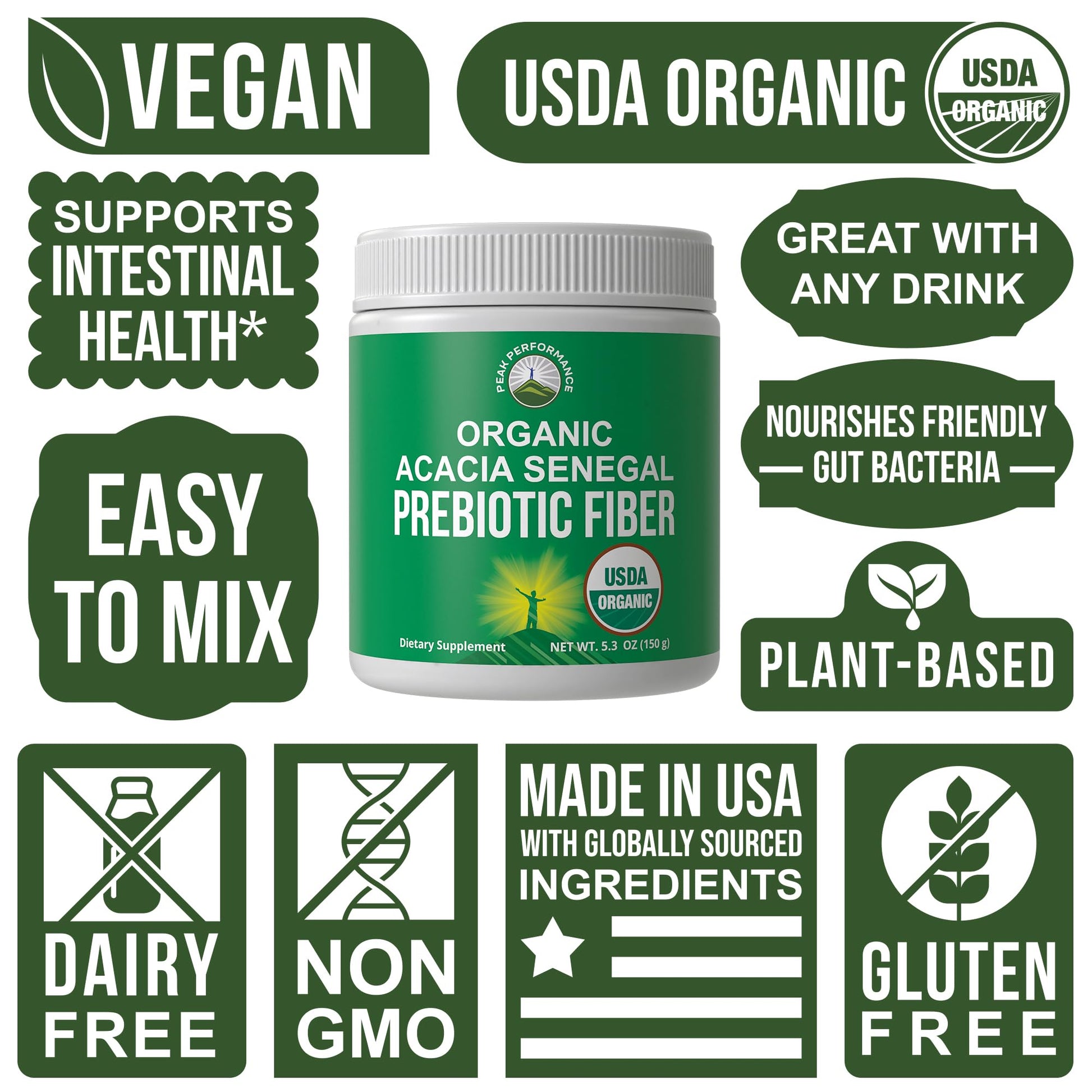 Peak Performance Organic Acacia Senegal Prebiotic Fiber Powder. Unflavored USDA Organic Plant Based Soluble Vegan Prebiotics Gut Health Supplement with Digestive Enzymes Peak Performance uk supplements