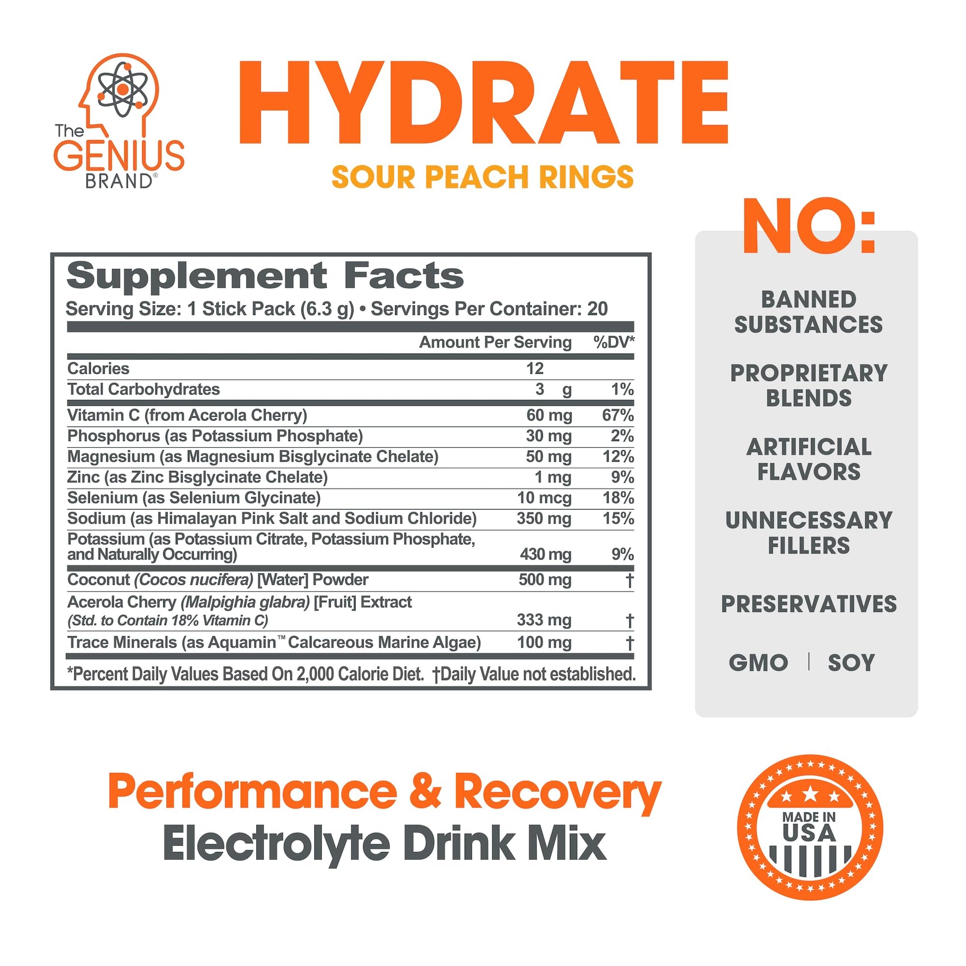 The Genius Brand Genius Hydrate - Electrolyte Supplement for Daily Hydration - Coconut Water - Sugar-Free - 8 Essential Minerals & Nutrients - Non-GMO - Sour Peach Rings - 20 Servings The Genius Brand uk supplements