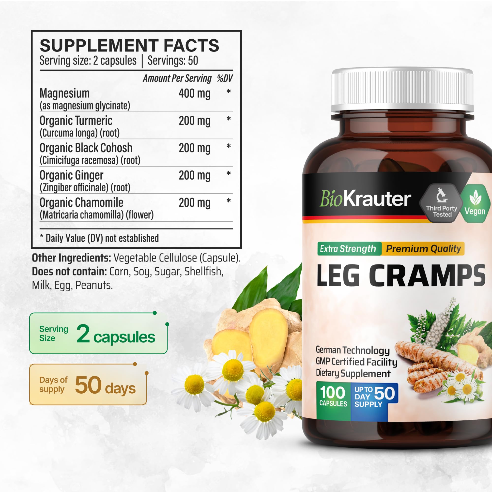 BIO KRAUTER® Magnesium Glycinate for Leg Сramps & Relax - 5-in-1 Formula Magnesium Glycinate 400mg with Turmeric, Black Cohosh, Ginger, Chamomile 1200 mg 100 Caps - No Fillers, Non-GMO, 50-Day Supply BIO KRAUTER uk supplements