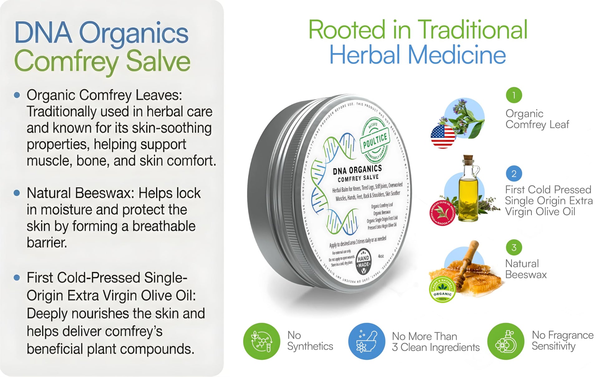 DNA Organics Comfrey Salve Ointment 2oz – Organic Herbal Salve for Bones, Muscles, Joints, Knees, Skin & Tattoo Care. Herbal Balm for Soothing Relief. Handcrafted, Slow-Infused, No Chemical Fillers Wild Castle uk supplements