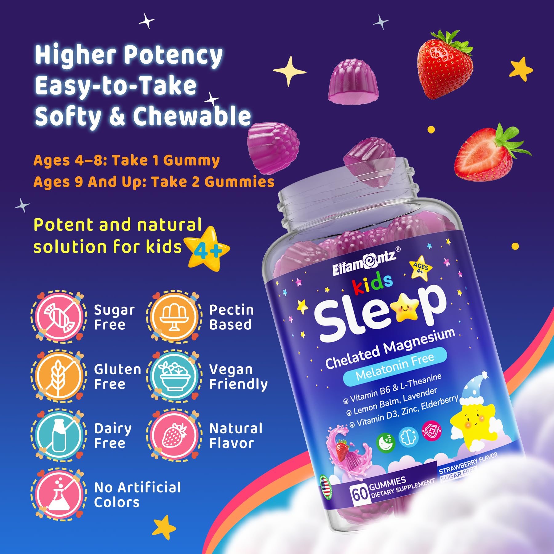 Kids Sleep Gummies, NO Melatonin Sleep Aid Gummies w/ Magnesium Glycinate, Magnesium Malate, L-Theanine, Lavender, B6, Zinc, D3K2 for Restful Sleep, Relax Brain & Muscle, Immune Support, Non-GMO 1Pack ELLAMENTZ uk supplements