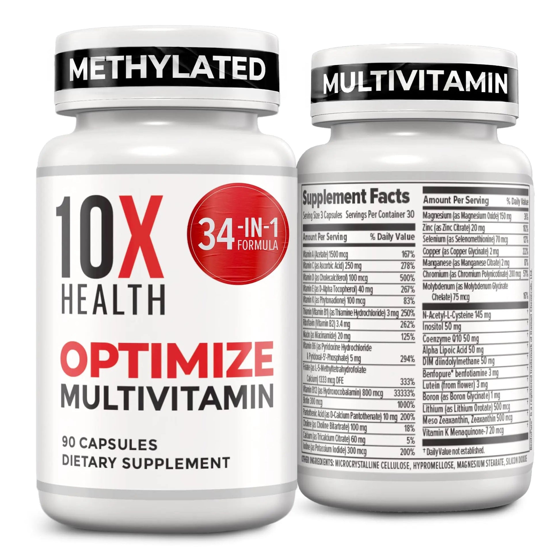 10X Health Optimize Multivitamin for Men - 90 Capsules, Methylated Multivitamin 34 in 1 Formula with 800 mcg of Vitamin B12, 5-MTHF, NAC - Methyl B Complex 10X Health System uk supplements
