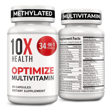 10X Health Optimize Multivitamin for Men - 90 Capsules, Methylated Multivitamin 34 in 1 Formula with 800 mcg of Vitamin B12, 5-MTHF, NAC - Methyl B Complex 10X Health System uk supplements
