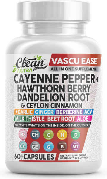Clean Nutra Cayenne Pepper Capsules Supplement with Hawthorn Berry, Dandelion Root, Ceylon Cinnamon, Garlic, Ginger, Berberine, Apple Cider Vinegar, Milk Thistle, Beet Root, Aloe Vera Pills & More Clean Nutraceuticals uk supplements