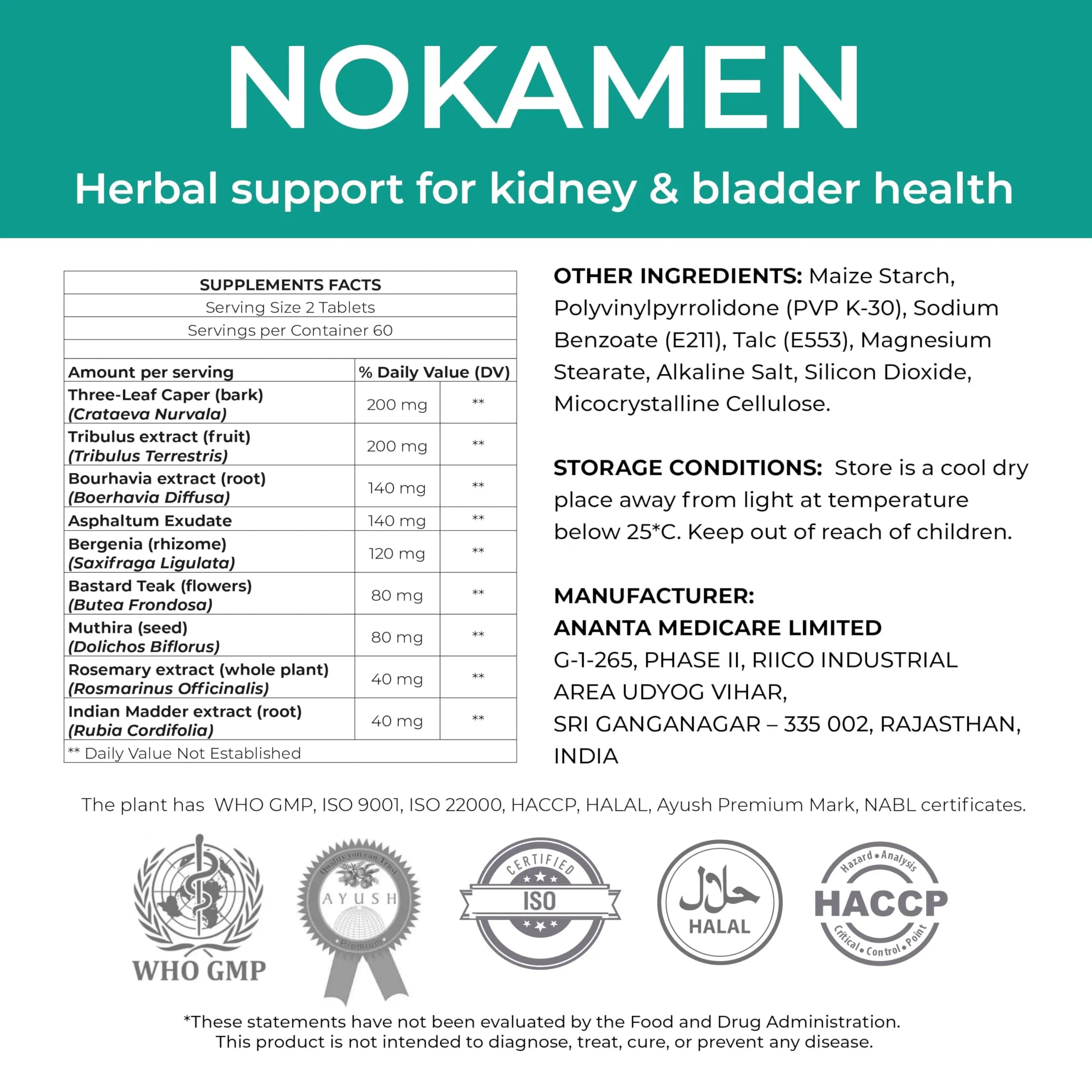 Ananta Medicare USA NOKAMEN – Kidney & Urinary Tract Support Herbal Formula, 120 Tabs Ananta Medicare USA uk supplements