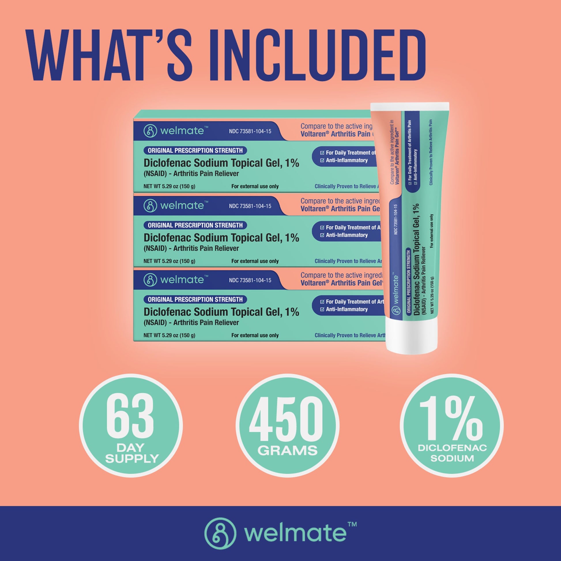 WELMATE - Arthritis Pain Reliever - Diclofenac Sodium Topical Gel 1% - Arthritis Relief - Pain Relief Cream/Gel - Mobility Aids - 5.29 oz - 3 Pack WELMATE uk supplements
