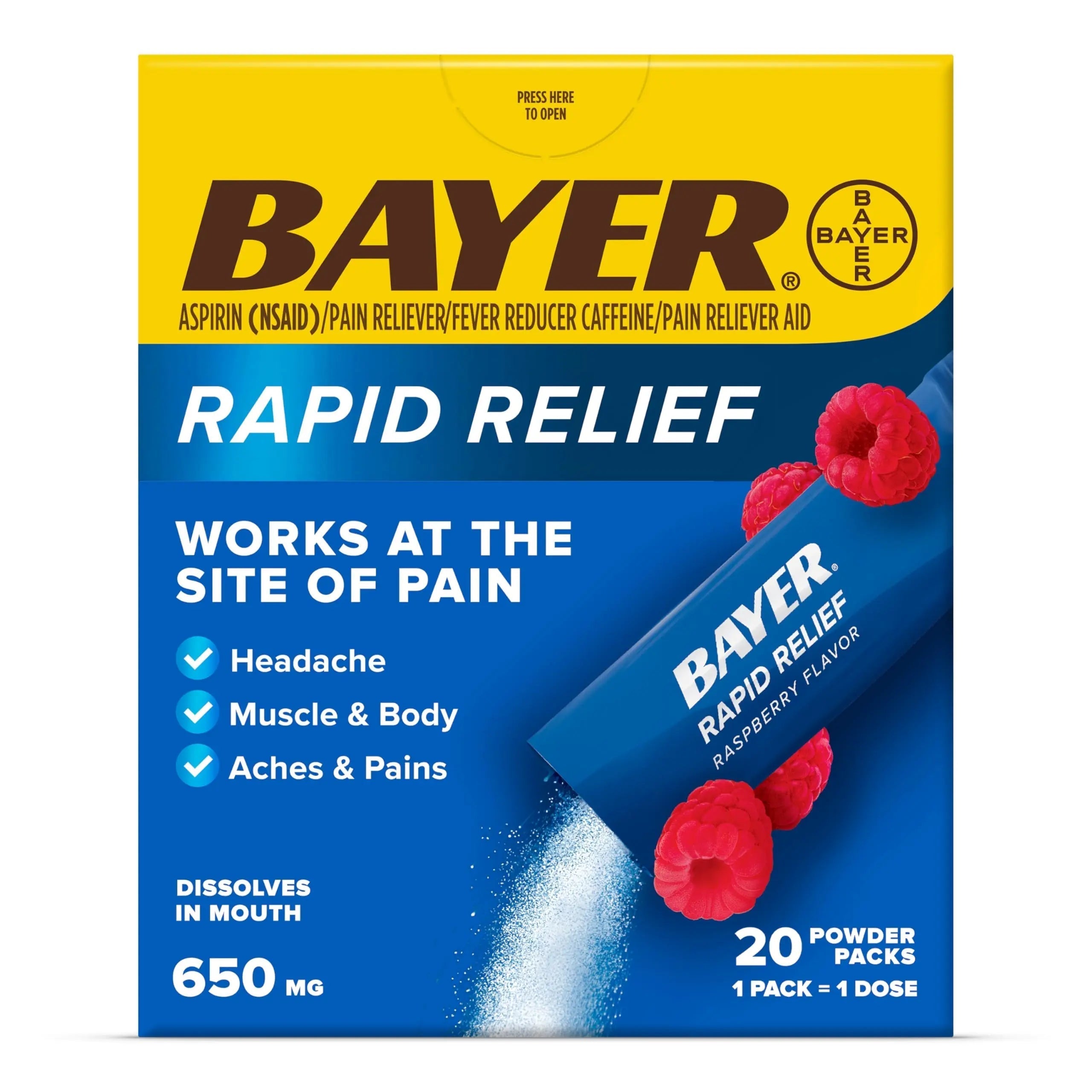 Bayer® Rapid Relief, Dissolvable Raspberry Flavor, Powder Packs with Aspirin & Caffeine, Fast Acting Headache Relief, Muscle and Body Pain Reliever, 20ct Bayer uk supplements