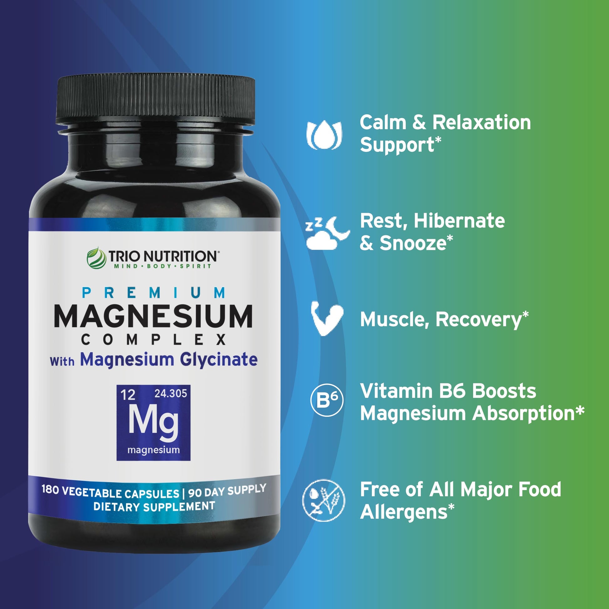 Trio Nutrition Magnesium Complex 90 Day Supply 420 mg | Natural Calm, Relax, Stress Relief, and Muscle Recovery |Magnesium Glycinate Supplement with Vitamin B6 for Rapid Absorption* TRIO NUTRITION uk supplements