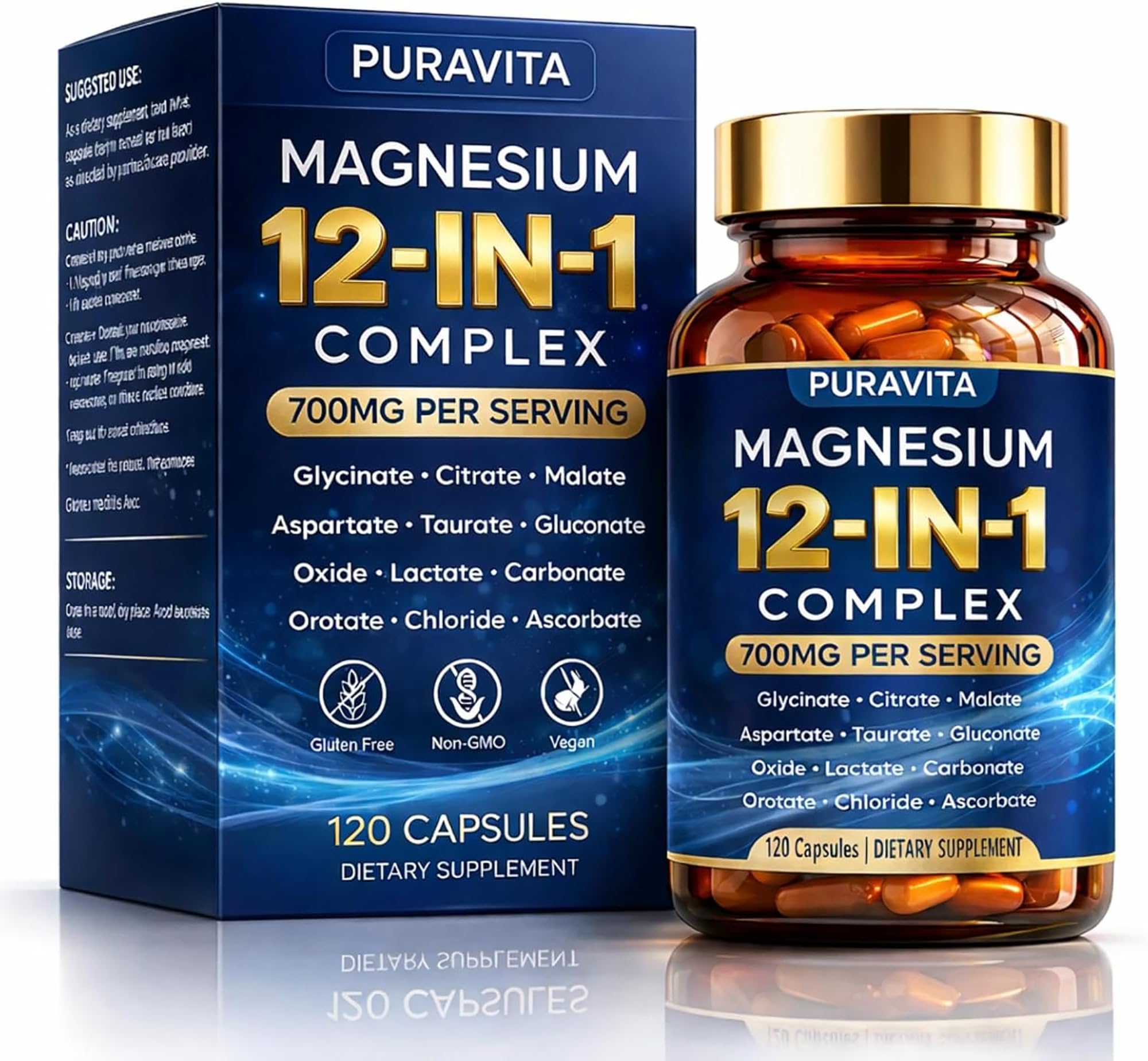 Puravita 12 in 1 Magnesium Complex Capsules - 700mg High Absorption Blend with Glycinate, Citrate, Malate, Oxide & Taurate. Supports Muscle Function, Nerve Health & Relaxation - 120 Capsules (1) PURAVITA uk supplements