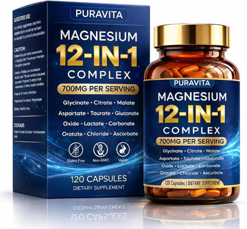 Puravita 12 in 1 Magnesium Complex Capsules - 700mg High Absorption Blend with Glycinate, Citrate, Malate, Oxide & Taurate. Supports Muscle Function, Nerve Health & Relaxation - 120 Capsules (1) PURAVITA uk supplements
