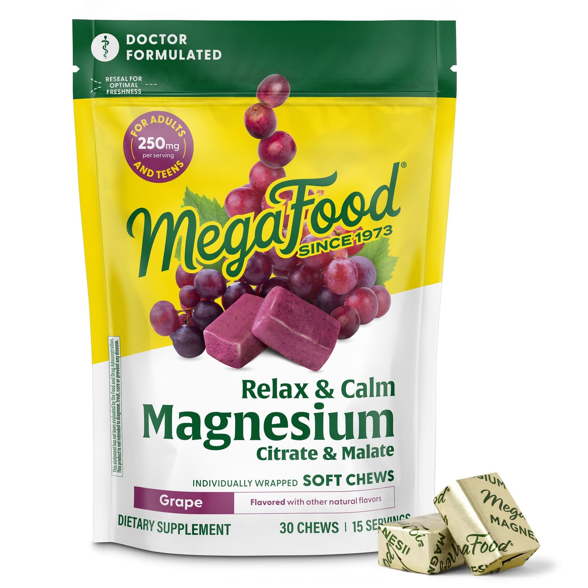 MegaFood Relax + Calm Magnesium Complex with Magnesium Citrate & Malate for Heart Health, Muscle Tension & More – Doctor Formulated - Vegetarian – Grape Flavor - 30 Soft Chews (15 Servings) MegaFood uk supplements