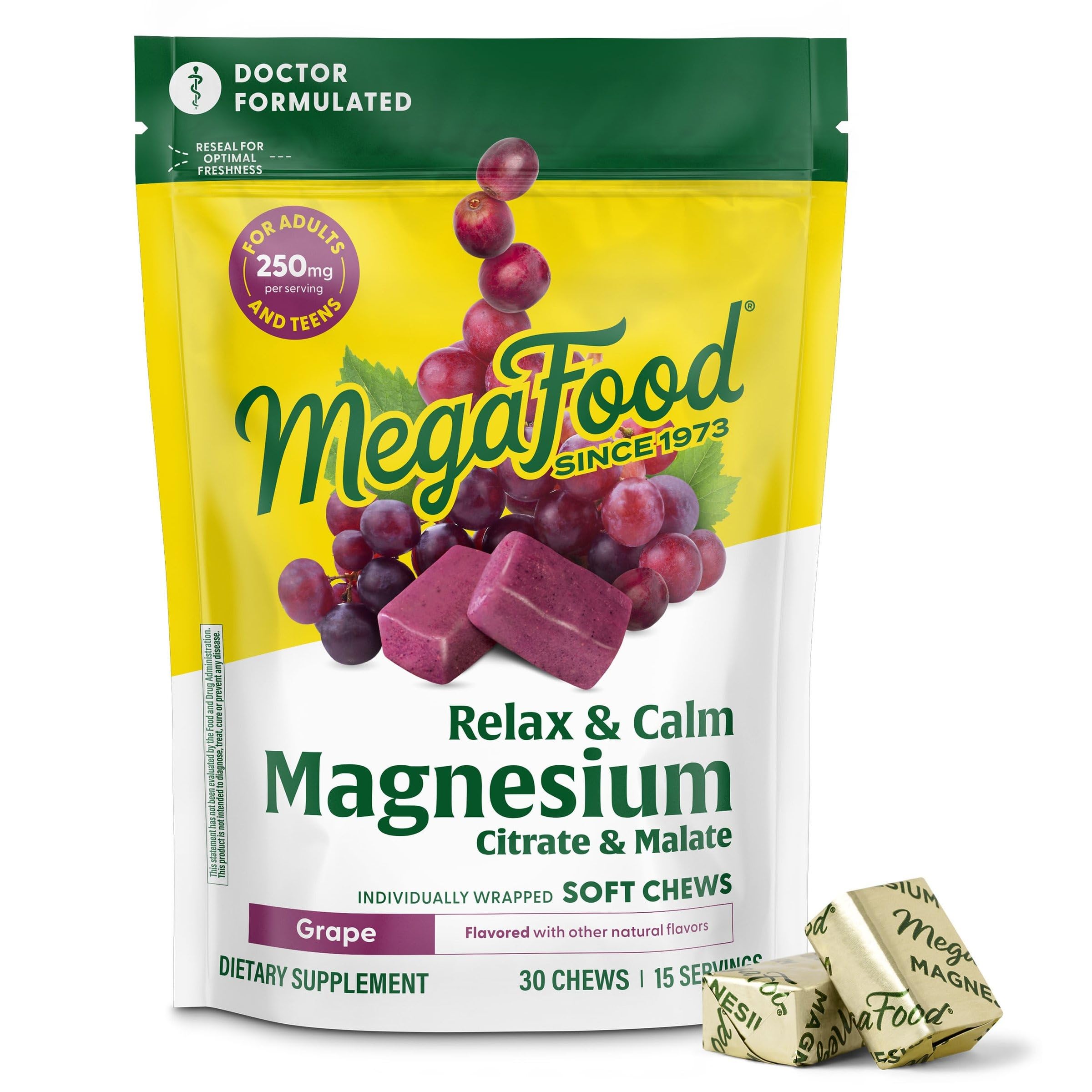 MegaFood Relax + Calm Magnesium Complex with Magnesium Citrate & Malate for Heart Health, Muscle Tension & More – Doctor Formulated - Vegetarian – Grape Flavor - 30 Soft Chews (15 Servings) MegaFood uk supplements