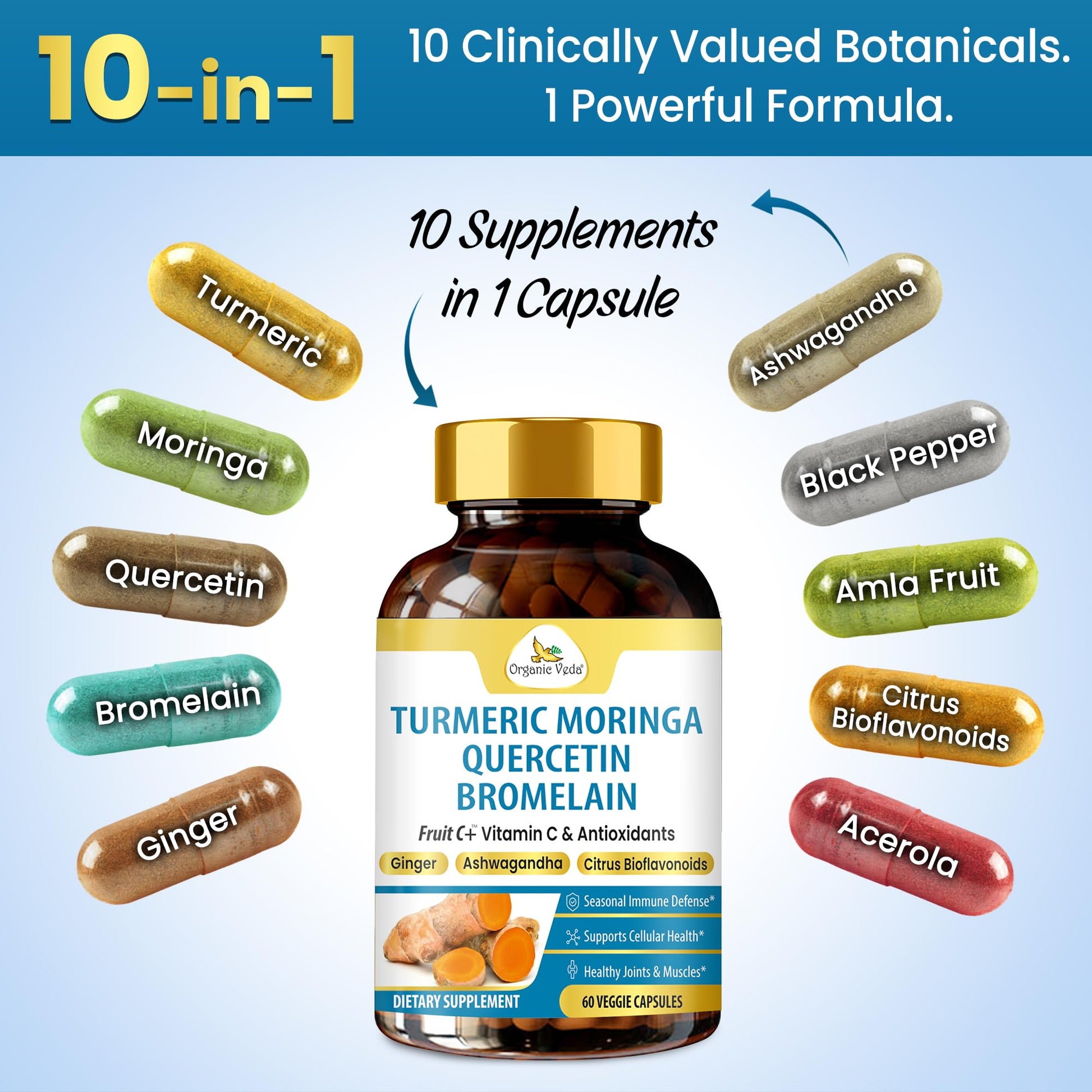 Organic Veda Turmeric Moringa Quercetin with Bromelain Capsules - Fruit C+ Vitamin C Antioxidants Immune System & Respiratory Supplement - Ashwagandha, Ginger, Citrus Bioflavonoids, 60 Vegan Capsule Organic Veda uk supplements