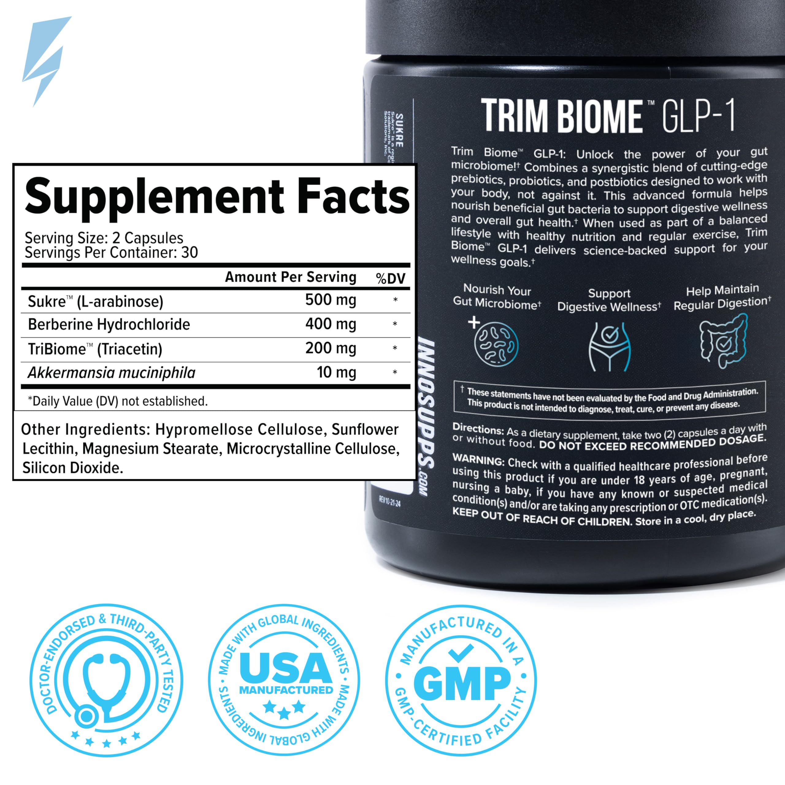 InnoSupps Trim Biome GLP-1 - Gut Health + Metabolic Support* - Prebiotic + Probiotic + Postbiotic - Akkermansia + Berberine - 60 Capsules. 30 Servings InnoSupps uk supplements