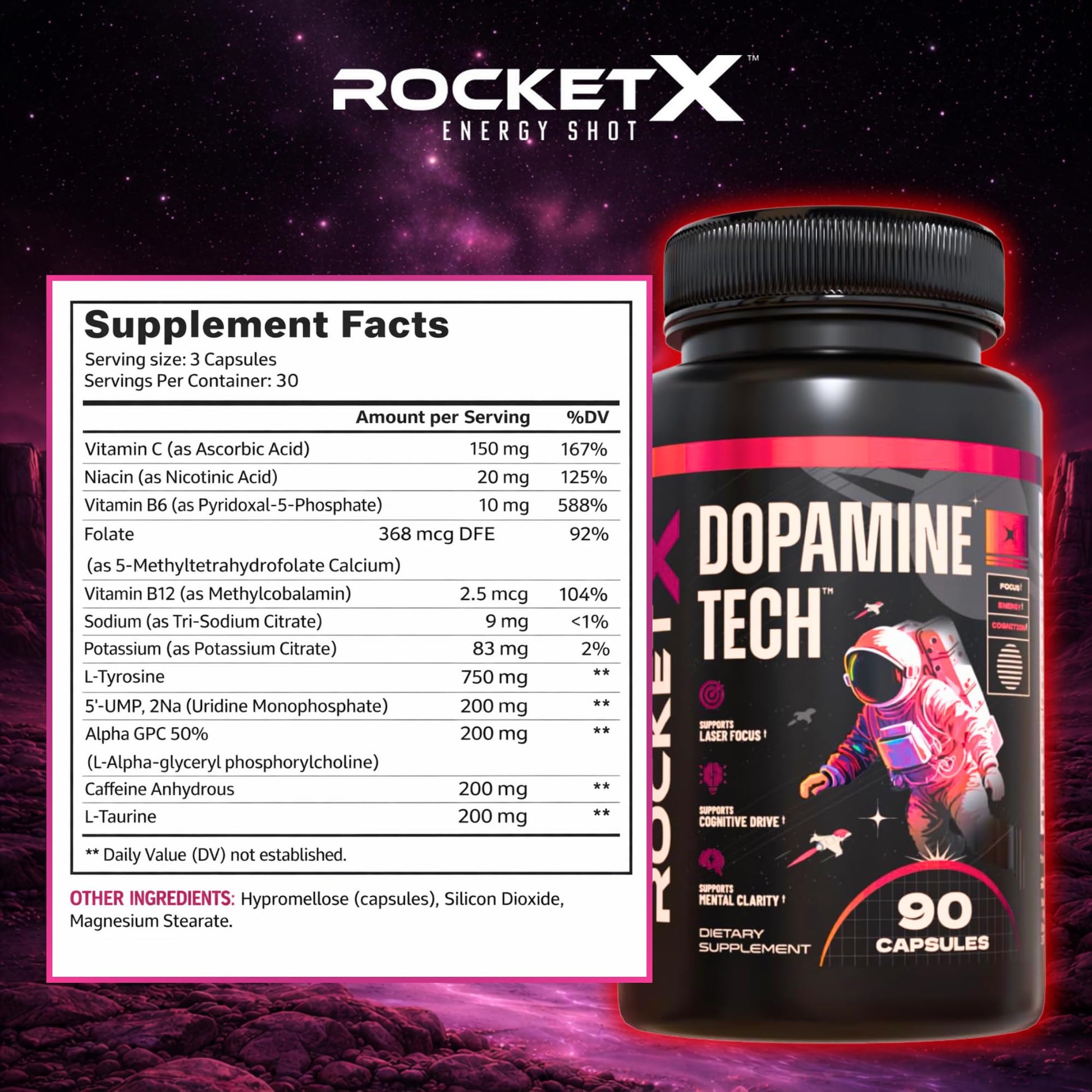 RocketX Dopamine Tech Brain Food Supplement, with L-Tyrosine and B Vitamins for Focus, Mental Clarity and Cognitive Drive, Vegan Capsules, 90 Capsules RocketX Energy uk supplements