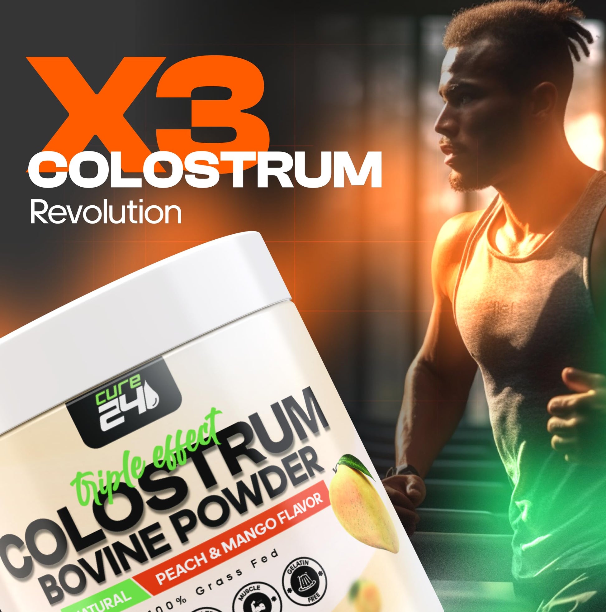 Cure24 Bovine X3 Colostrum Supplement Powder for Humans, 100% Pure Whole Natural Grass Fed Superfood, High IgG, Plus Probiotic & Prebiotic, Natural Peach-Mango Flavor, Made in USA Cure24 uk supplements
