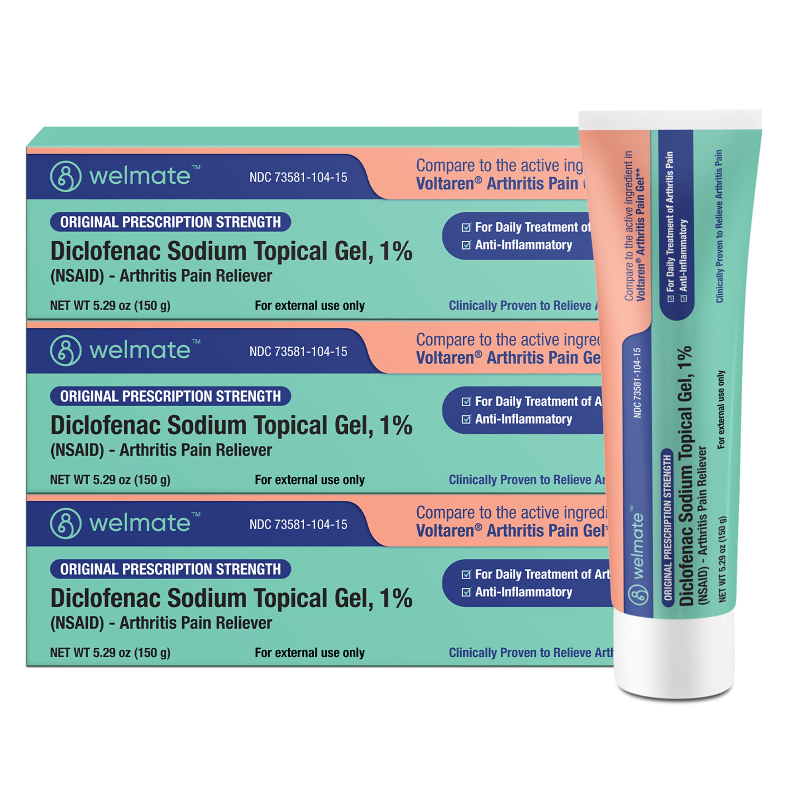 WELMATE - Arthritis Pain Reliever - Diclofenac Sodium Topical Gel 1% - Arthritis Relief - Pain Relief Cream/Gel - Mobility Aids - 5.29 oz - 3 Pack WELMATE uk supplements