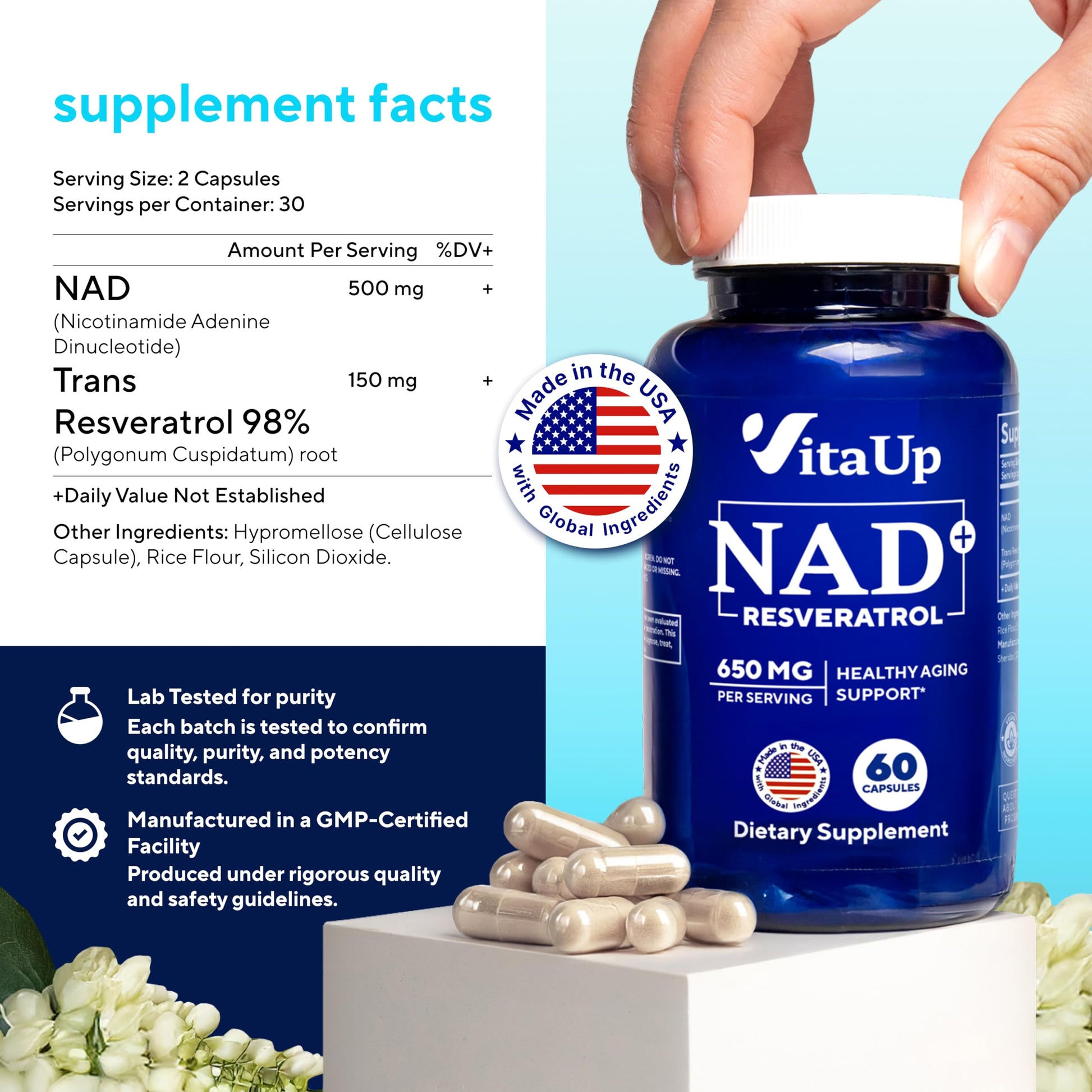 VitaUp NAD+ Resveratrol Supplement - USA Made Trans Resveratrol NAD Supplement 650mg - Nicotinamide Adenine Dinucleotide Capsules for Healthy Aging, Energy & Focus Support - 60 Count VitaUp uk supplements