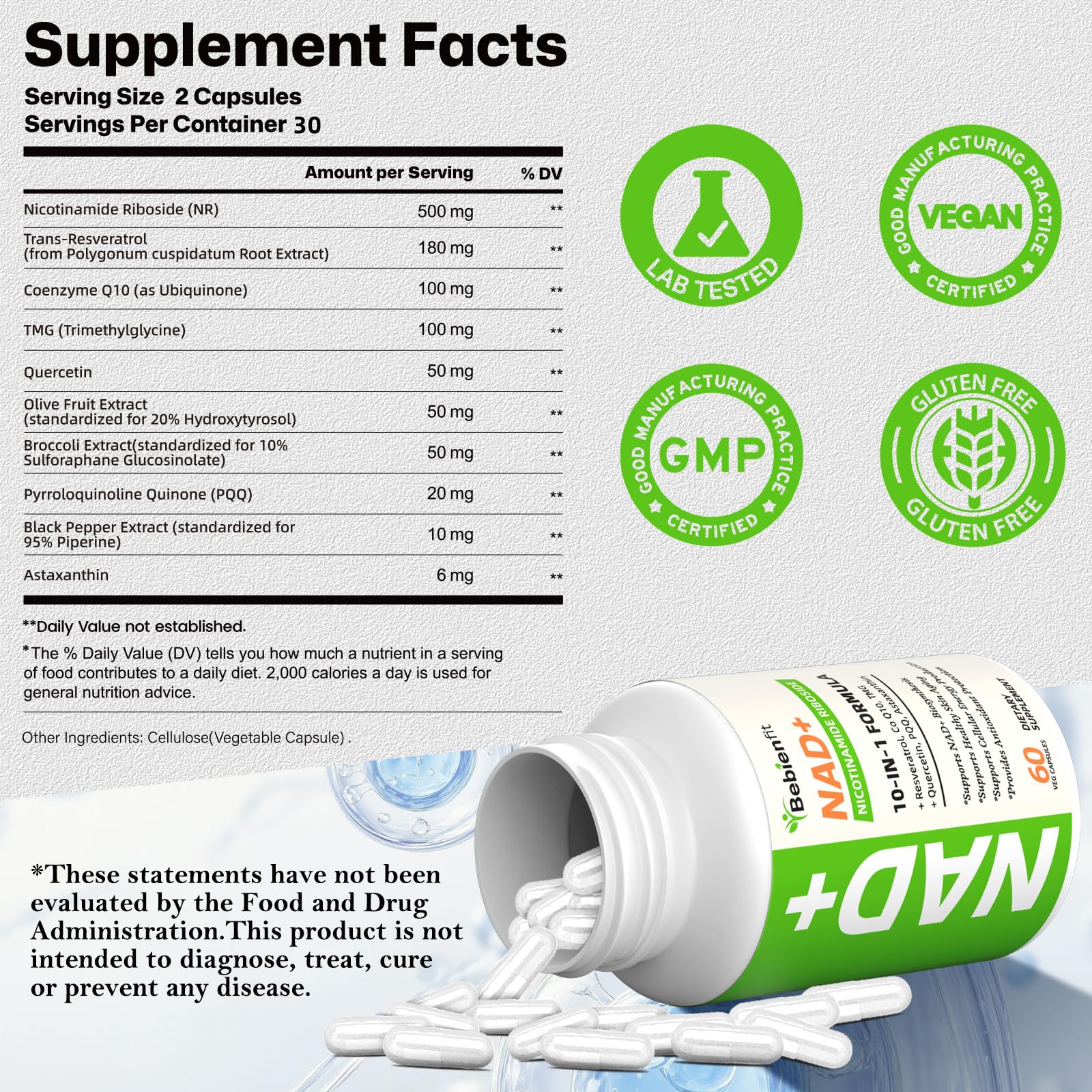Nad Supplement for Healthy Aging | Energy| Antioxidant| Skin Health| Focus ,10-in-1 Formula with NR,Trans-Resveratrol,CoQ10,Astaxanthin,PQQ,TMG,Quercetin,Olive Fruit Nad+ for Women Men,60 Vegan Caps Bebien fit uk supplements