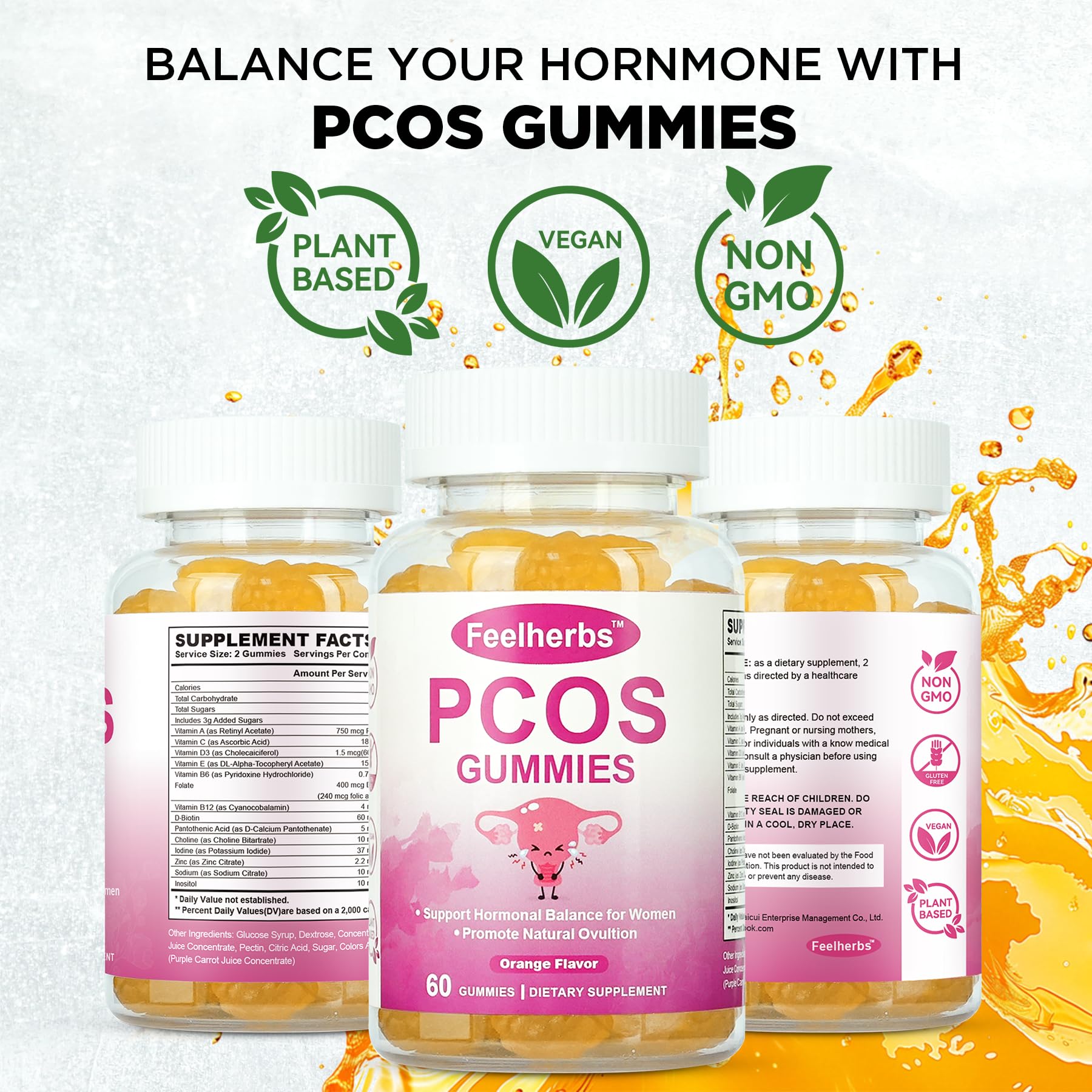 PCOS Gummies for Women Menstrual Cycle & Hormonal Balance, 60 Count Ovarian Support Gummies with Myo-Inositol, Folate and Vitamins, Orange Flavor PCOS Vitamins Gummies Helps Fertility and Ovulation Feelherbs uk supplements