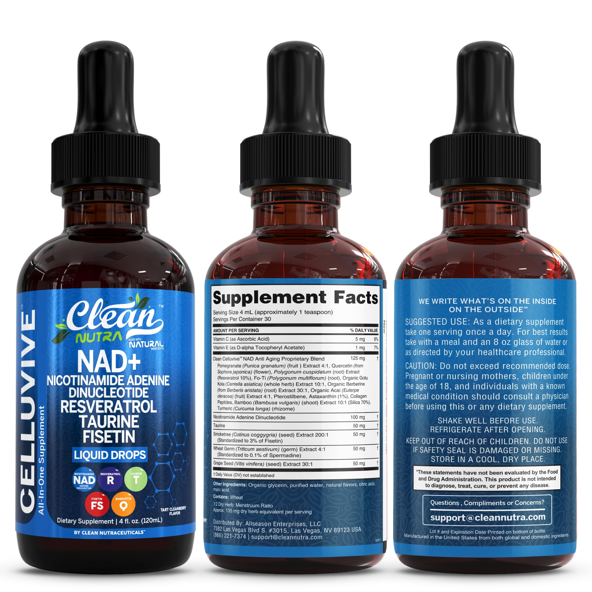 Clean Nutra NAD Liquid Supplement Drops Resveratrol Polyphenols Liposomal Taurine Fisetin Grape Seed Extract Japanese Knotweed Fo Ti Anti Aging NAD+ Nicotinamide Adenine Dinucleotide for Women & Men Clean Nutraceuticals uk supplements