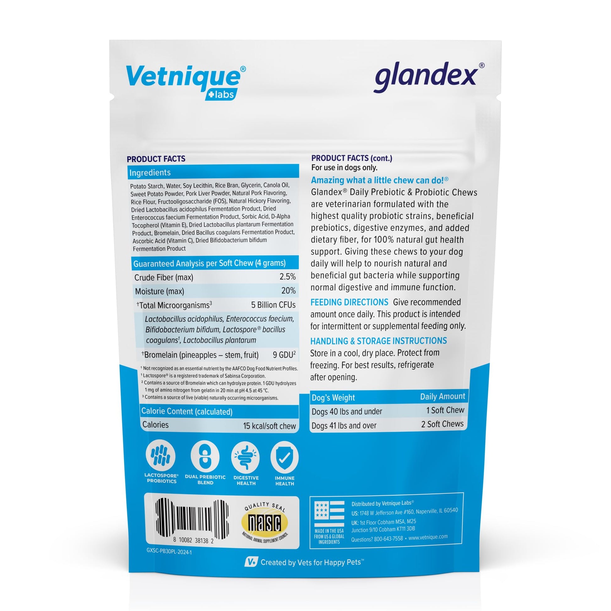 Vetnique Glandex Daily Probiotics for Dogs with Prebiotics to Support Gut Health with Fiber and Digestive Enzymes, Dog Probiotic Chews or Powders (30ct Chews, Bacon Chews) Vetnique uk supplements