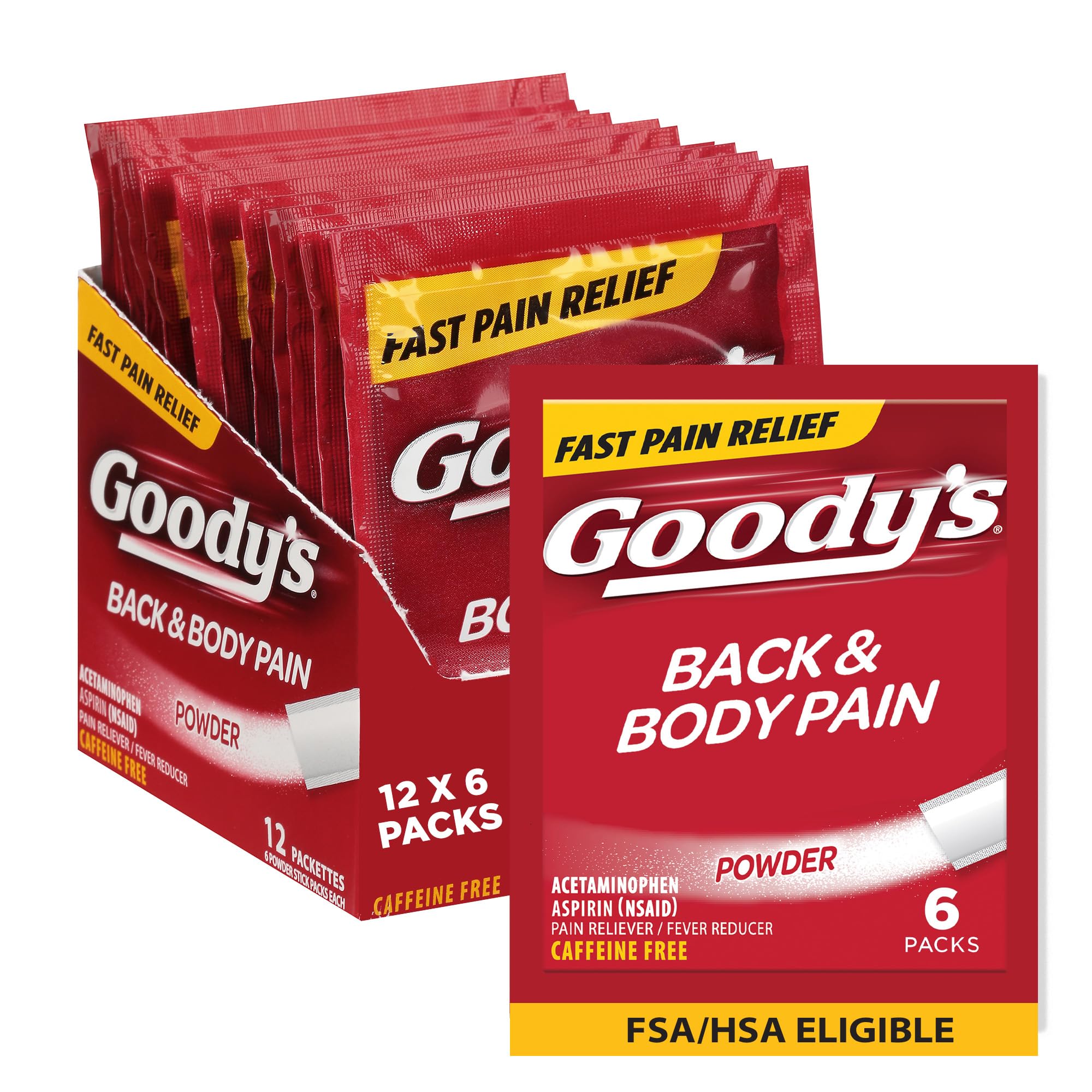 Goody's Body Ache & Back Pain Relief Powder, Dual Action with Acetaminophen & Aspirin, Caffeine-Free, 6 Count, Pack of 12 Goody's uk supplements