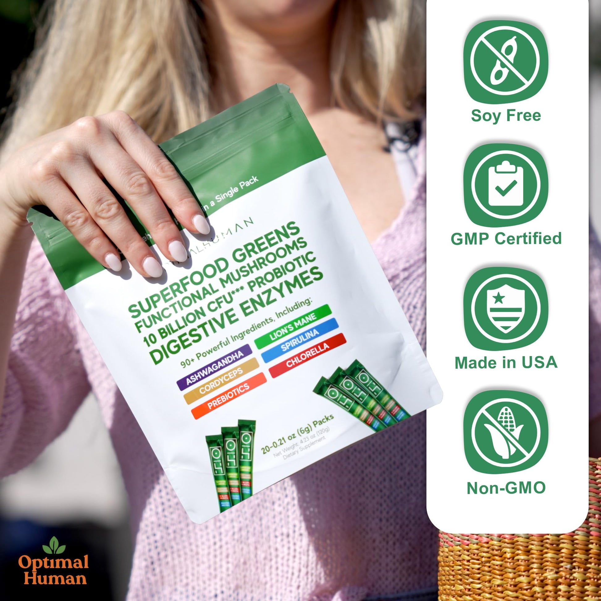 Optimal Human Superfood Greens Powder – 90+ Ingredient Blend with Lion’s Mane Supplement, Ashwagandha & Turmeric – Non-GMO, Soy-Free, Mushroom Supplements for Women – 20 Sachets O H uk supplements