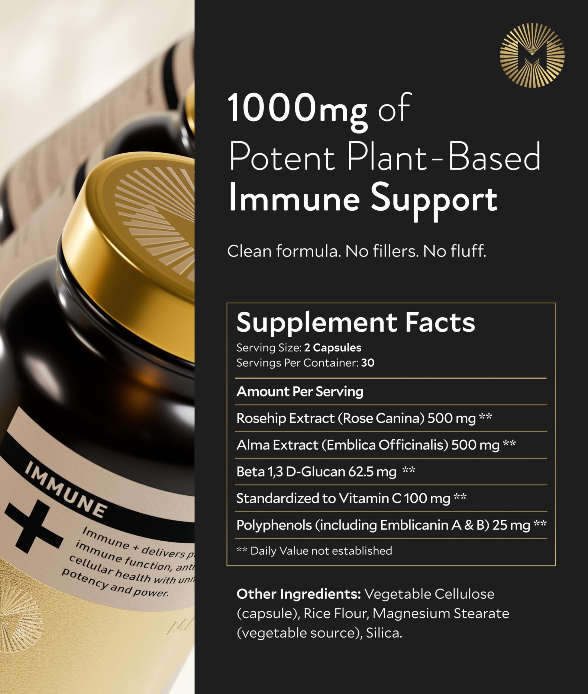 Manna Immune+ Capsules | 500mg Amla Extract & 500mg Rosehip Extract | Vitamin C Supplement for Immune Boost, Antioxidants, Heart Health, Digestion & Immune System Support | For Daily Use | 60 Count M Manna uk supplements