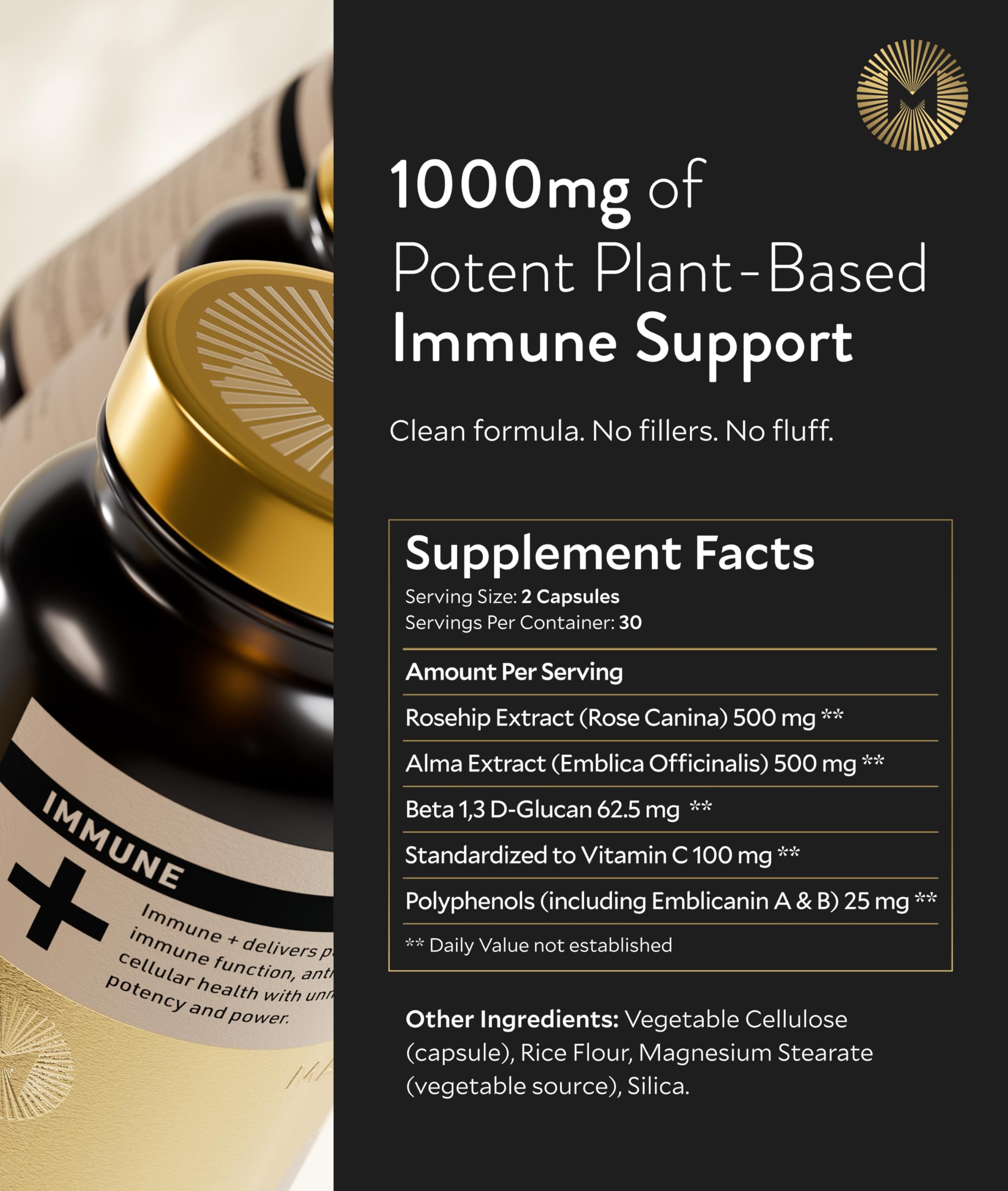 Manna Immune+ Capsules | 500mg Amla Extract & 500mg Rosehip Extract | Vitamin C Supplement for Immune Boost, Antioxidants, Heart Health, Digestion & Immune System Support | For Daily Use | 60 Count M Manna uk supplements