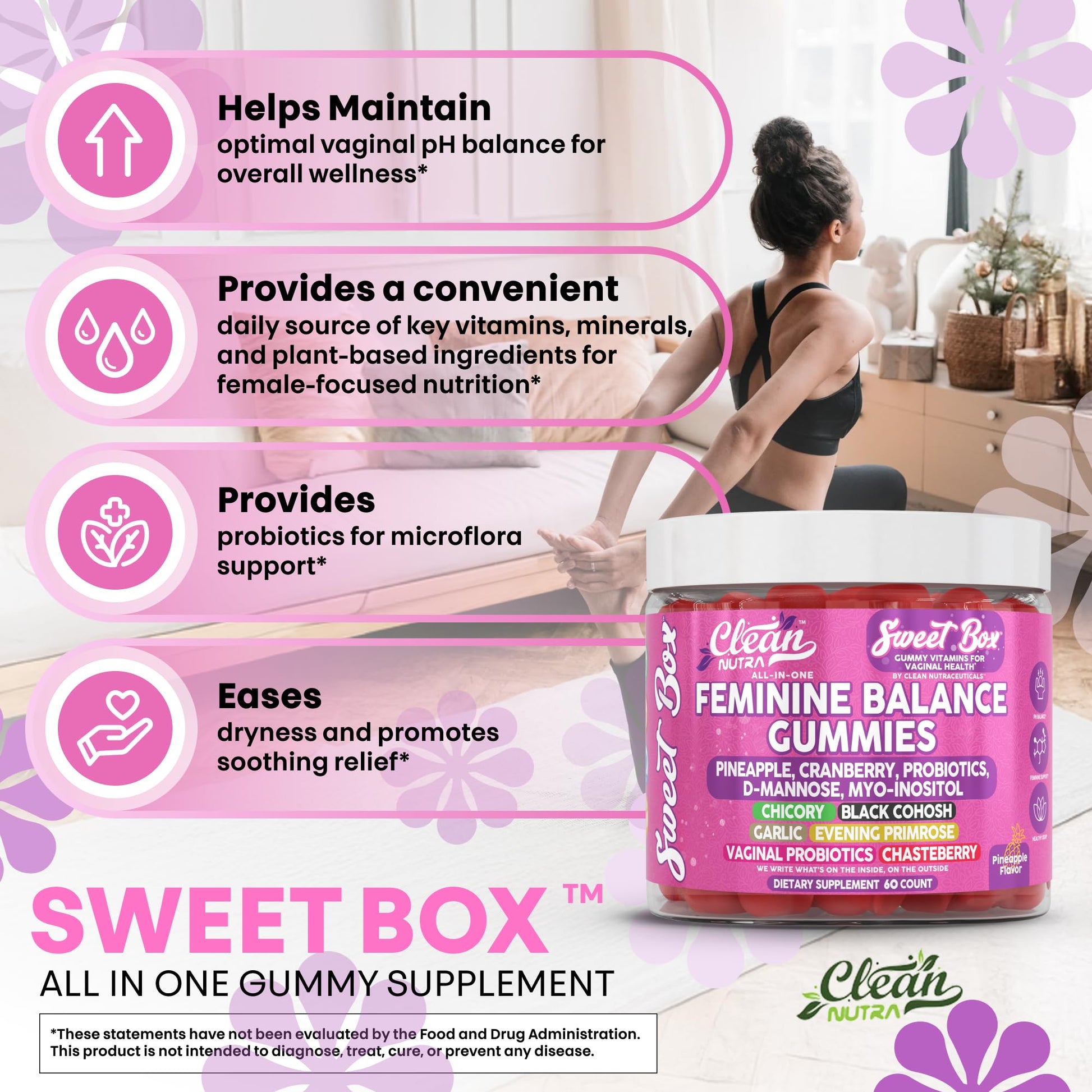 Clean Nutra Feminine Balance Gummies for Women Pineapple VaginalProbiotics pH Balance Cranberry D Mannose Supplement Inositol Black Cohosh Evening Primrose Garlic Vitex GLA Prebiotics Folate 60ct Clean Nutraceuticals uk supplements
