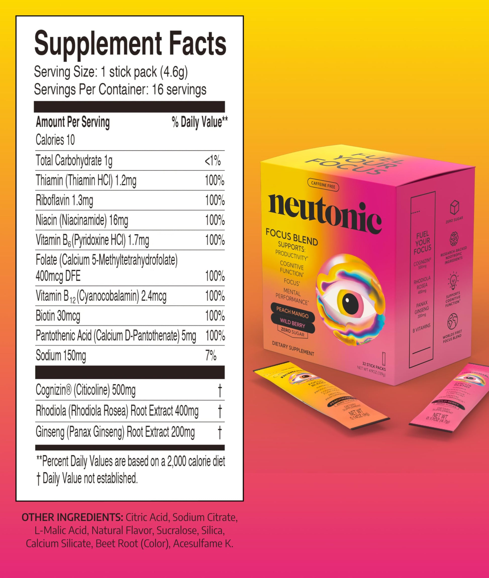 Neutonic Nootropic Focus Blend Powder | Peach Mango & Wild Berry 32 Sticks | Caffeine Free, Zero Sugar | Support Memory, Mental Clarity, Cognitive Function | Boost Focus, Energy, Brain Health Neutonic uk supplements