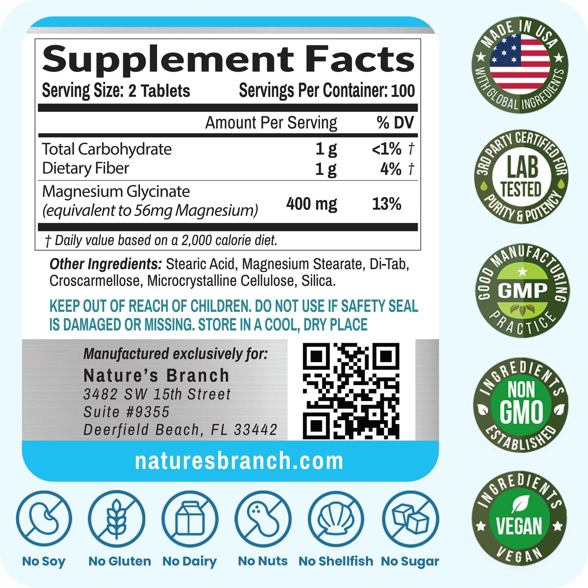 Magnesium Glycinate 400mg | 200 Tablets | High Absorption Mag Supplements for Sleep, Leg Cramps, Heart, Muscle, Calm | Non Buffered Bisglycinate, Extra Strength for Women and Men, Tablets Not Capsules NATURE'S BRANCH uk supplements