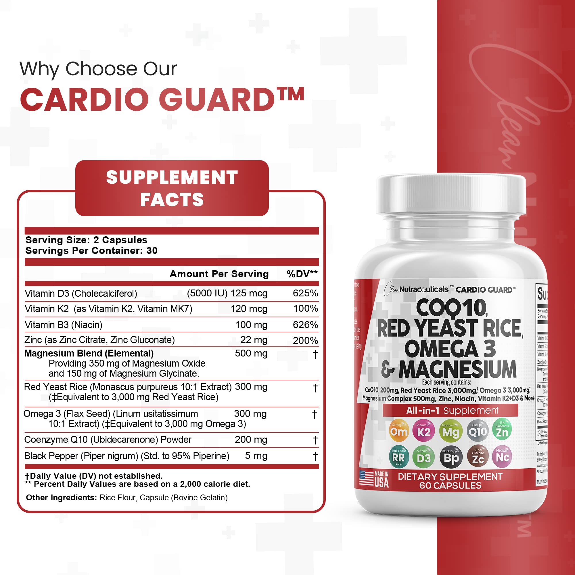 COQ10 200mg Red Yeast Rice 3000mg Omega 3 3000mg Magnesium Clean Nutraceuticals uk supplements