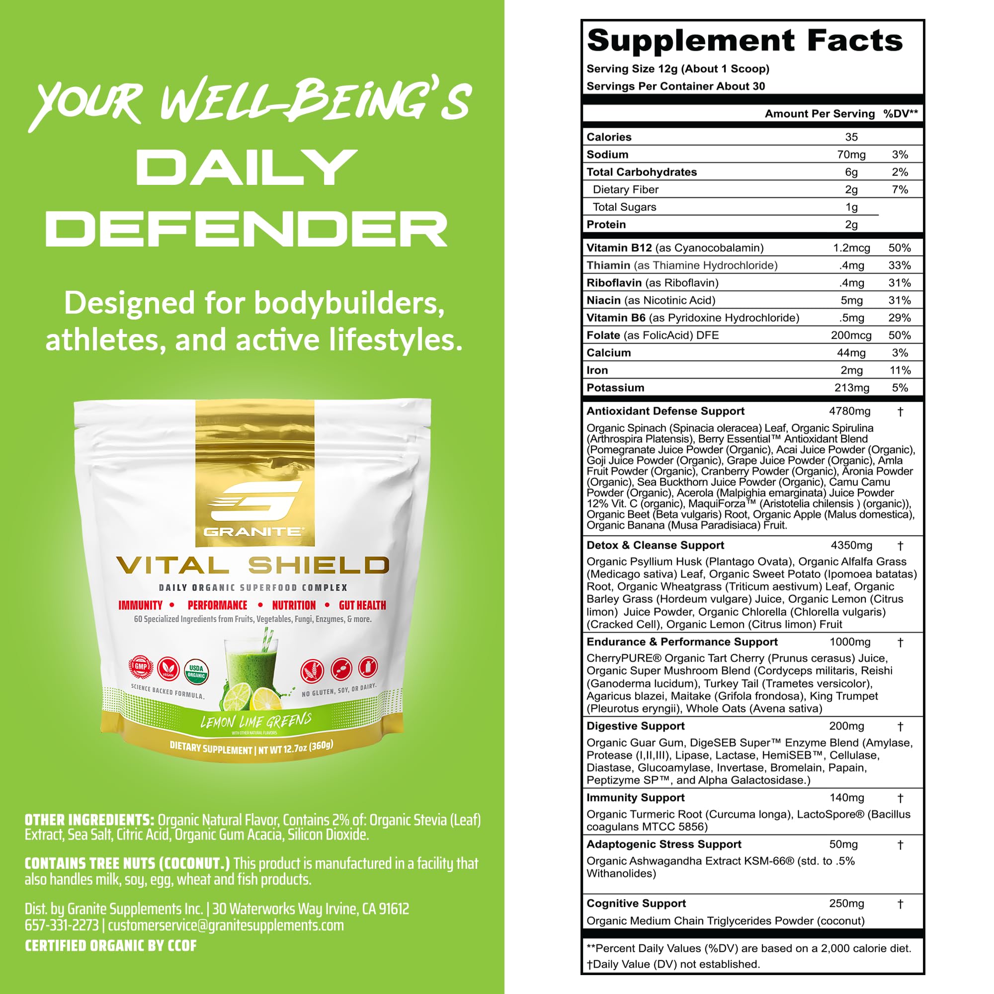 Granite Nutrition Vital Shield - USDA Organic Superfood Greens with Mushrooms & Tart Cherry – Supports Energy, Immune Function & Digestive Health – Lemon Lime Flavor (30 Servings) Granite Supplements uk supplements