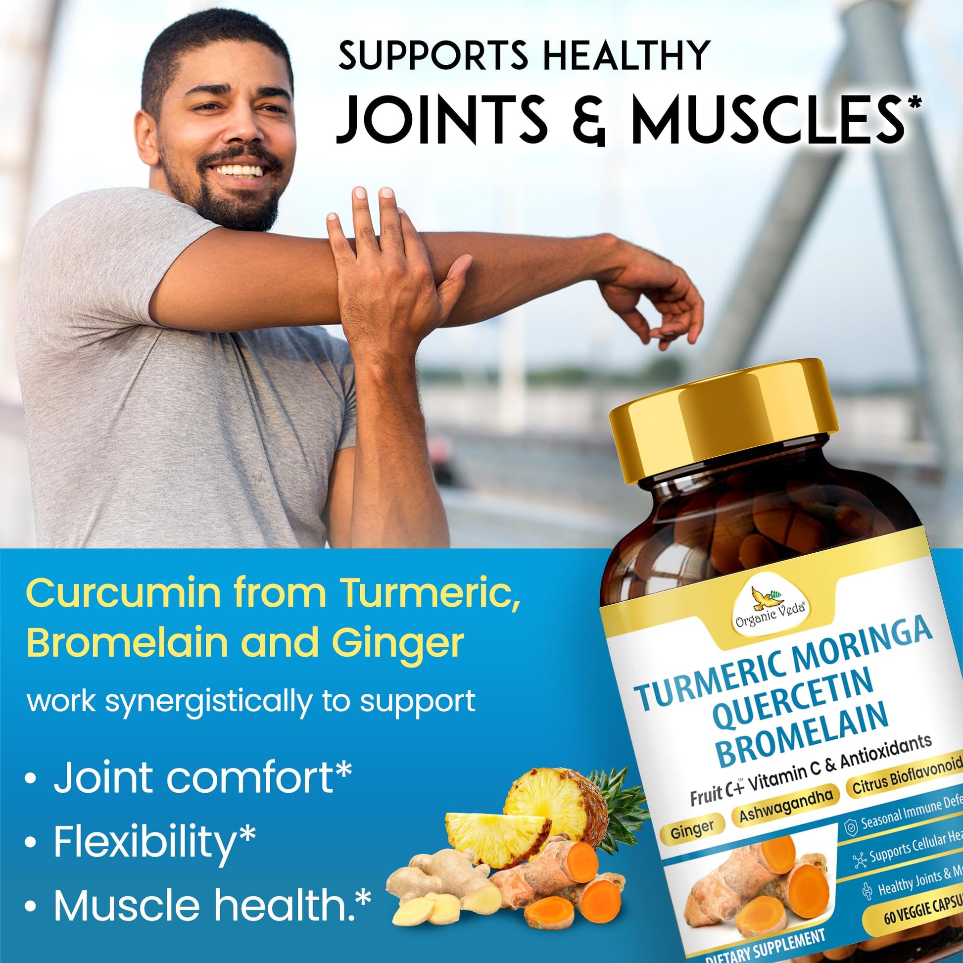 Organic Veda Turmeric Moringa Quercetin with Bromelain Capsules - Fruit C+ Vitamin C Antioxidants Immune System & Respiratory Supplement - Ashwagandha, Ginger, Citrus Bioflavonoids, 60 Vegan Capsule Organic Veda uk supplements