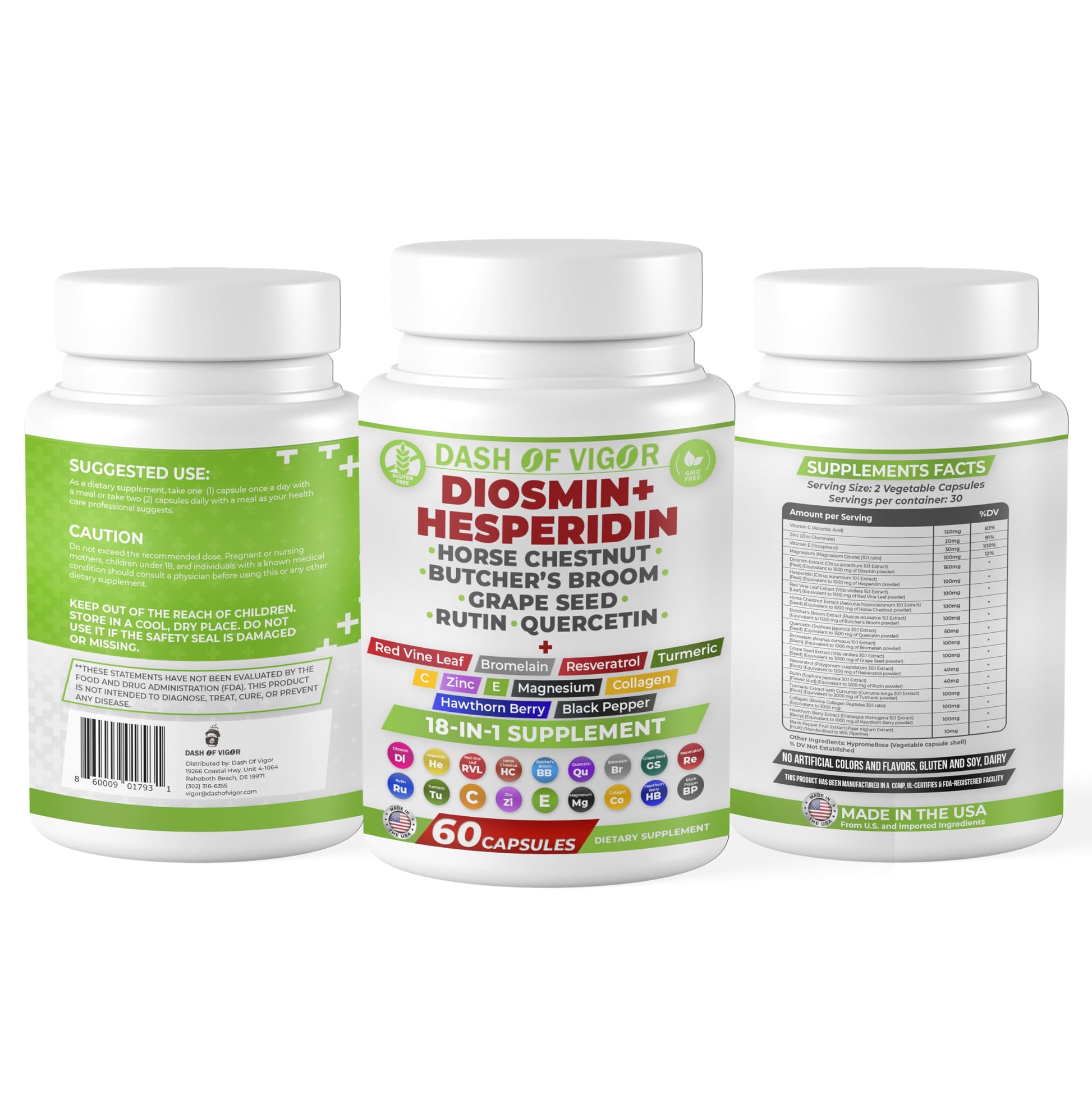 Dash of Vigor 18-in-1 Diosmin Hesperidin Supplement, Quercetin with Bromelain, Zinc, Vitamin C with Rutin Supplement, Horse Chestnut Extract, Butcher's Broom Extract, USA, 60 Capsules DASH OF VIGOR DOFV uk supplements