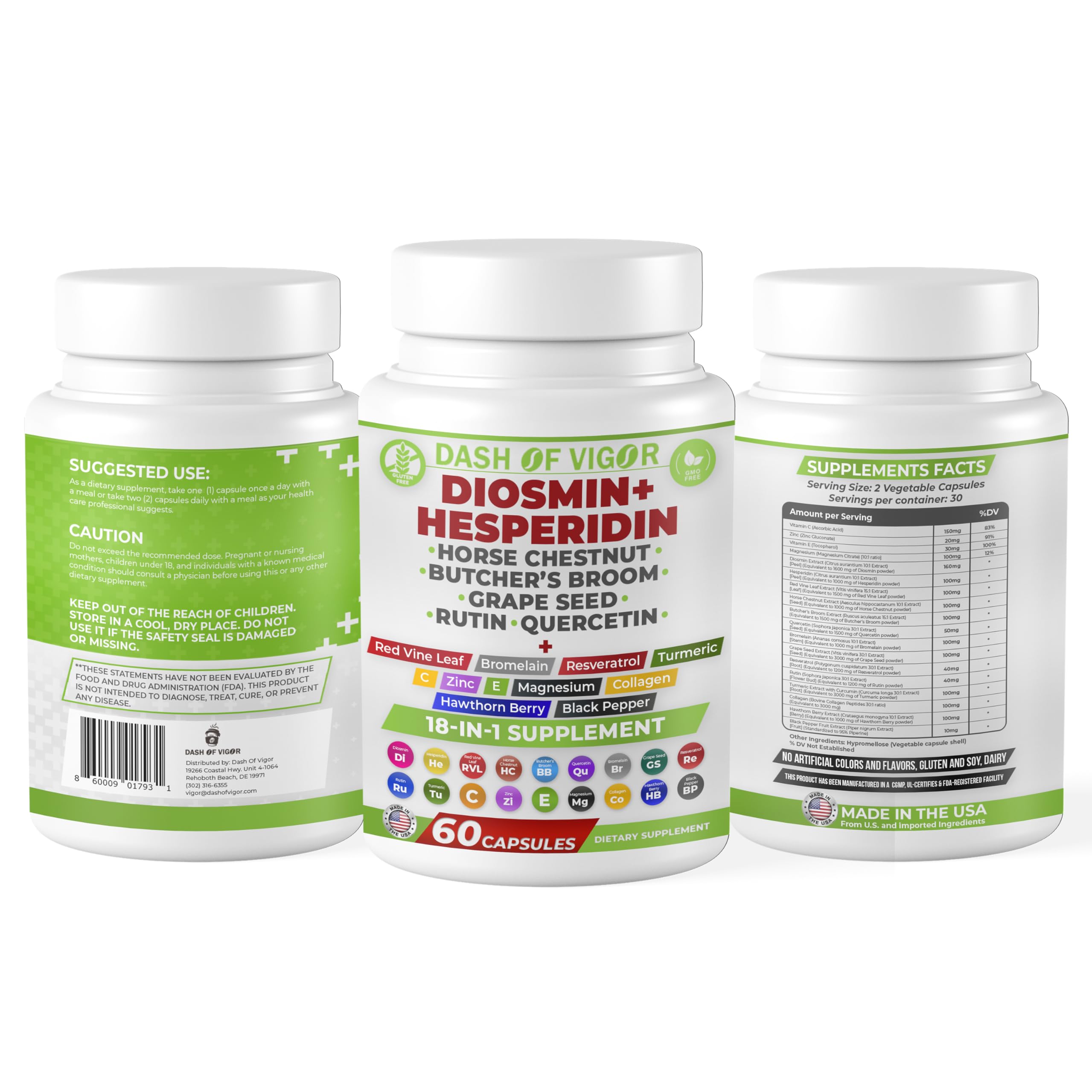 Dash of Vigor 18-in-1 Diosmin Hesperidin Supplement, Quercetin with Bromelain, Zinc, Vitamin C with Rutin Supplement, Horse Chestnut Extract, Butcher's Broom Extract, USA, 60 Capsules DASH OF VIGOR DOFV uk supplements