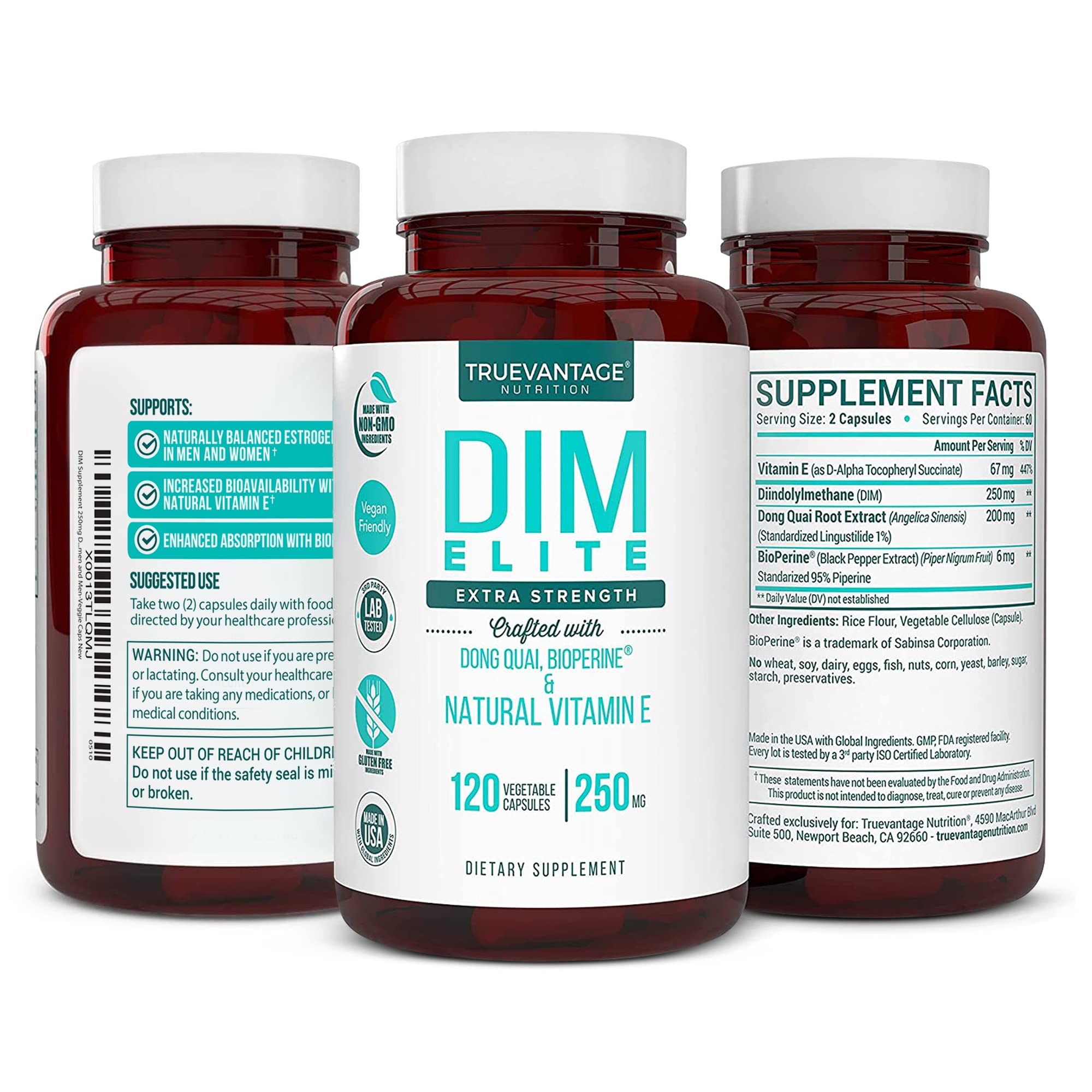 DIM Supplement 250mg (Diindolylmethane)-Plus Dong Quai, Natural Vitamin E & BioPerine - Supports Menopause Relief & Hormonal Acne -Hormone Balance Support for Women and Men-Veggie Caps Truevantage Nutrition uk supplements