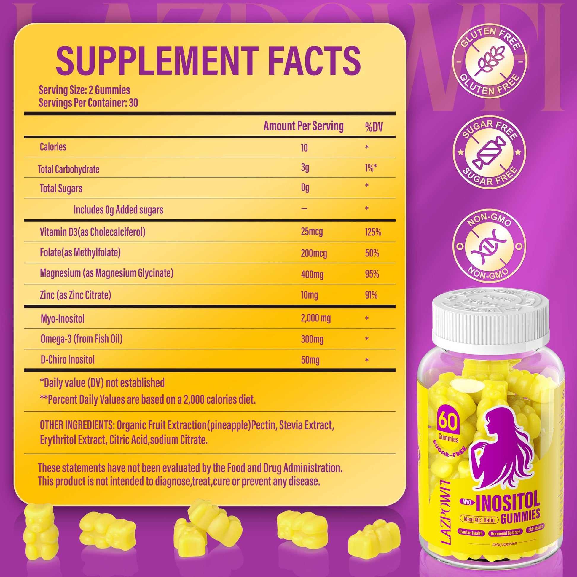 Lazpowfi Myo-Inositol & D-Chiro Inositol,Inositol Gummies with Vitamin D3, Magnesium Glycinate, Omega-3, Folate & Zinc, Inositol Supplement Menstrual Cycle for Women-40:1 Ratio-30 Day Supply Lazpowfi uk supplements