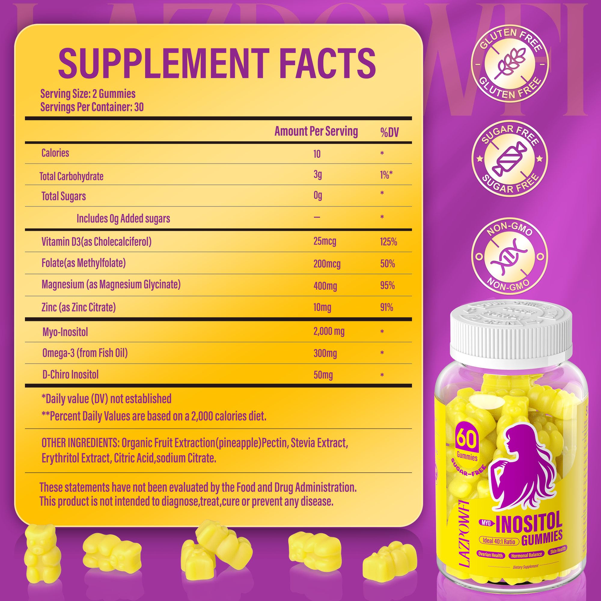Lazpowfi Myo-Inositol & D-Chiro Inositol,Inositol Gummies with Vitamin D3, Magnesium Glycinate, Omega-3, Folate & Zinc, Inositol Supplement Menstrual Cycle for Women-40:1 Ratio-30 Day Supply Lazpowfi uk supplements