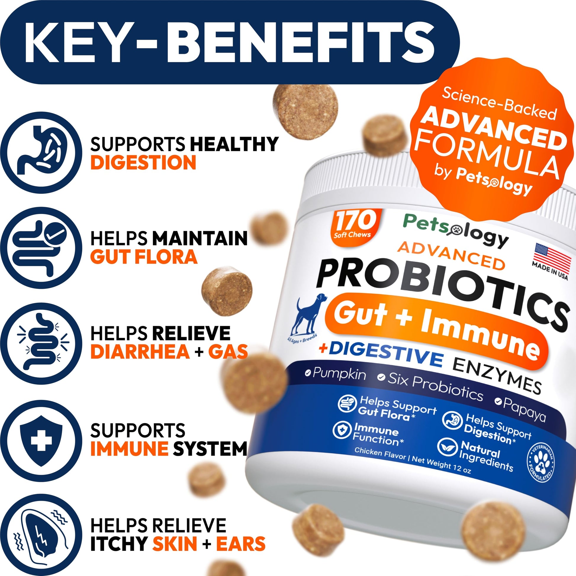 Probiotics for Dogs - 170 Dog Probiotics Chews - Digestive Enzymes & Prebiotics - Support Gut Health, Diarrhea, Gas & Constipation Relief - Itchy Skin, Allergies, Yeast Balance - Advanced Supplement Petsology uk supplements