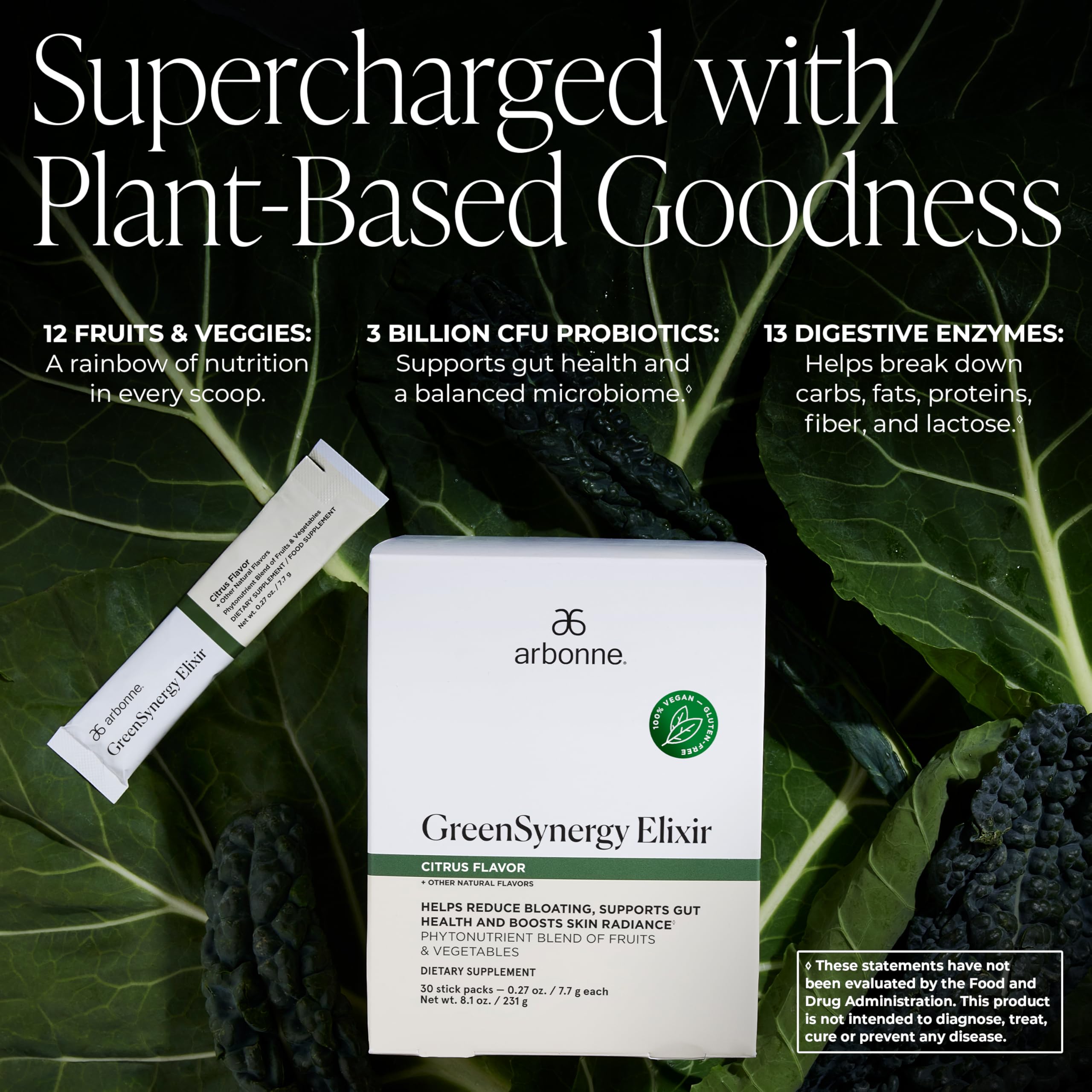 Arbonne GreenSynergy Elixir – Citrus-Flavored Greens Powder with 13 Digestive Enzymes, Vegan Collagen Builder, Probiotics, and Prebiotics – Supports Gut Health and Digestion – 30 Stick Packs Arbonne uk supplements